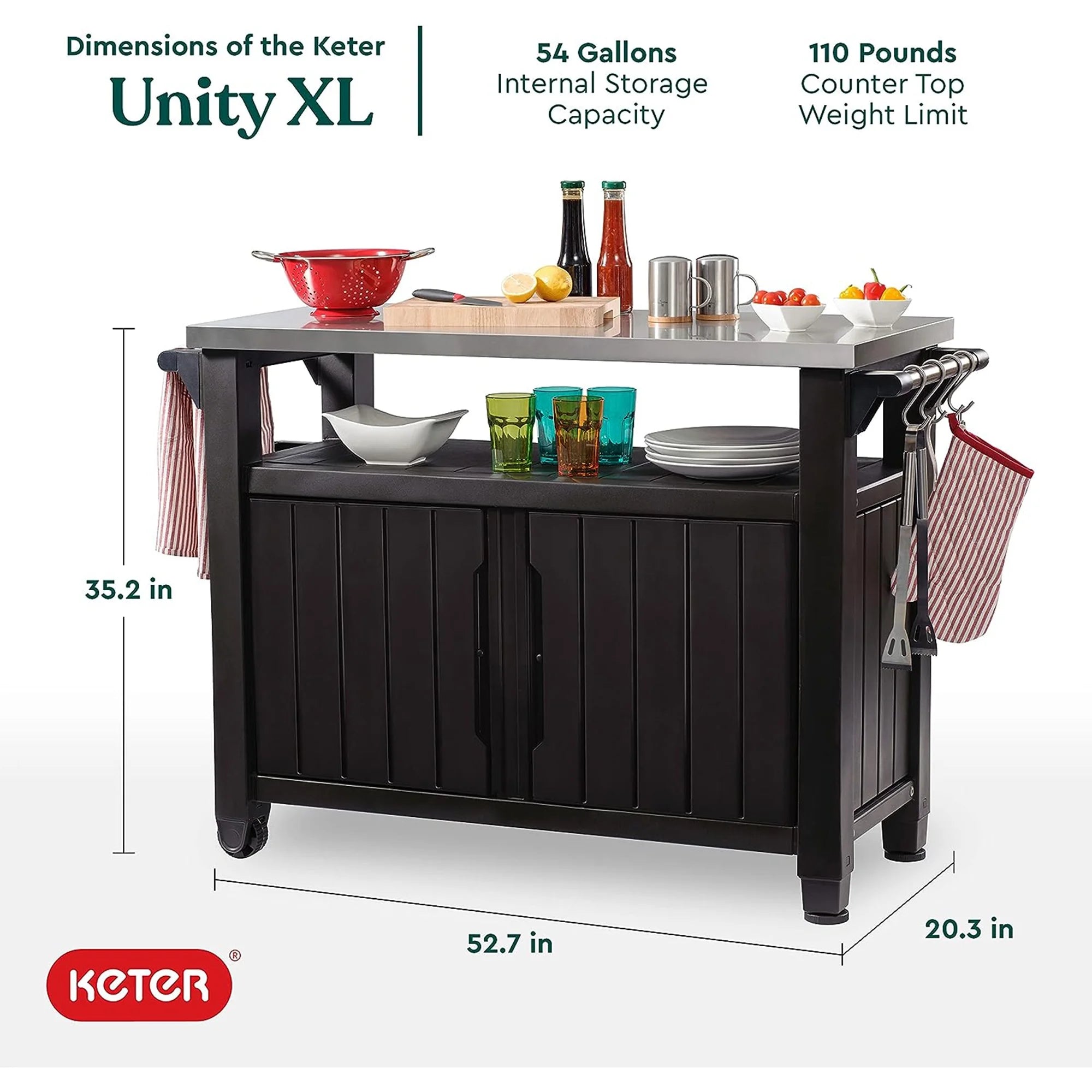 Keter Unity XL Outdoor Durable Kitchen Rolling Bar Cart with Storage Cabinet, Brown