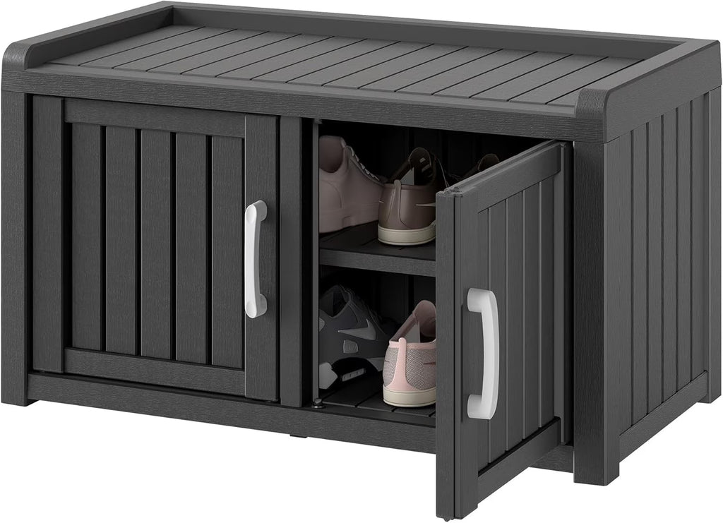 KAMABOKO Outdoor Shoe Storage Cabinet, Waterproof UV-Resistant Entryway Storage Bench Indoor Outdoor with 2 Barn Doors, Adjustable Shelves for Entryway, Bedroom, Hallway,Living Room(Black)