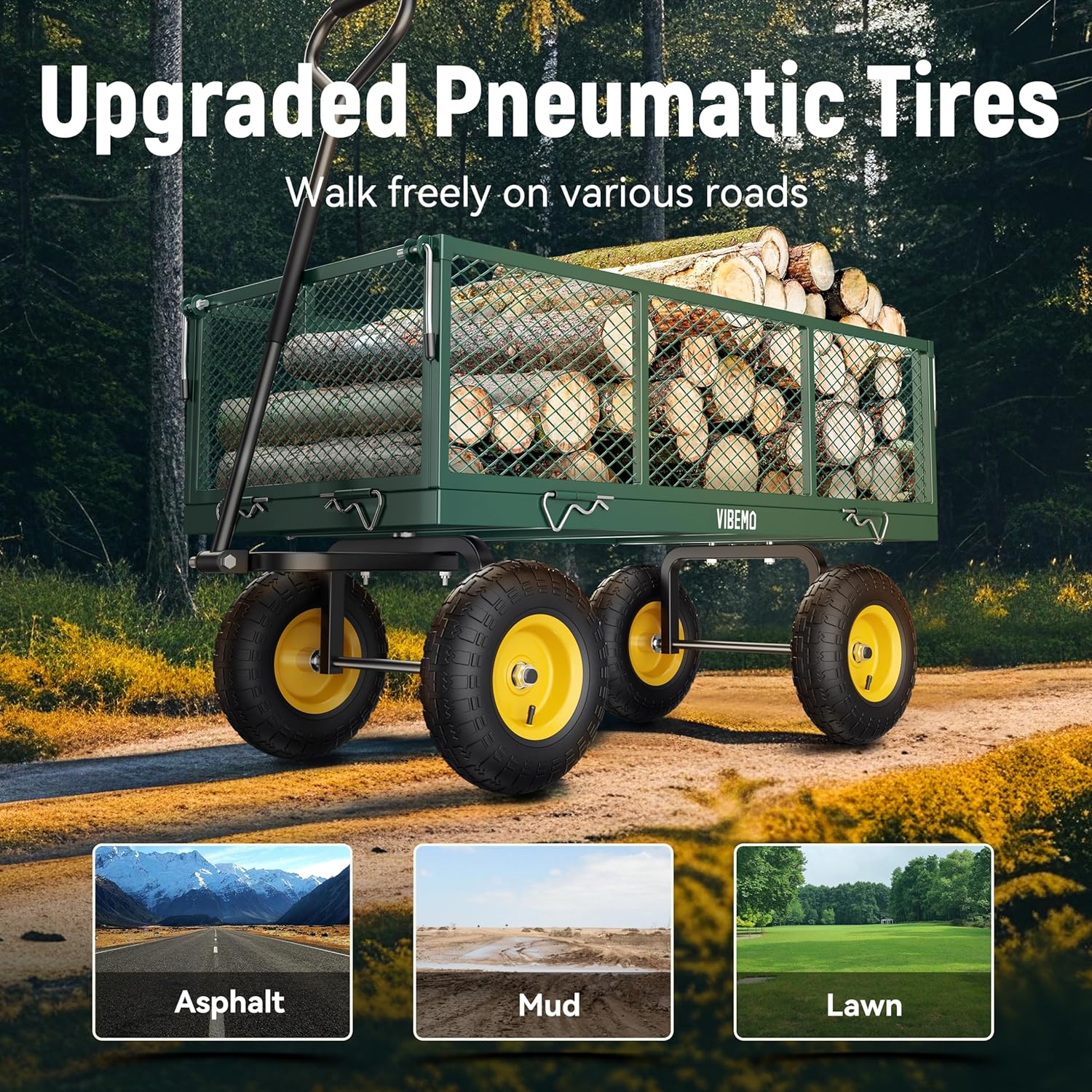 Steel Garden Cart, 2-in-1 1400 lbs Heavy Duty Utility Wagon, with Removable Mesh Sides to Convert into Flatbed, 240�� U-Turn 13" Pneumatic Tires Garden Wagon for Farm Yard Lawn Garden Camping
