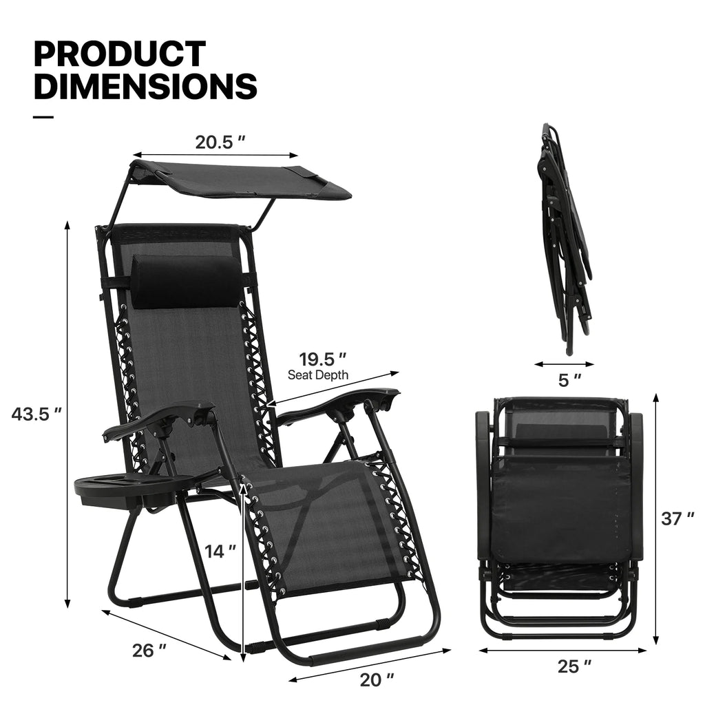 MoNiBloom Zero Gravity Chairs Set of 2, Folding Outdoor Patio Beach Recliner with Canopy Shade & Headrest, Black