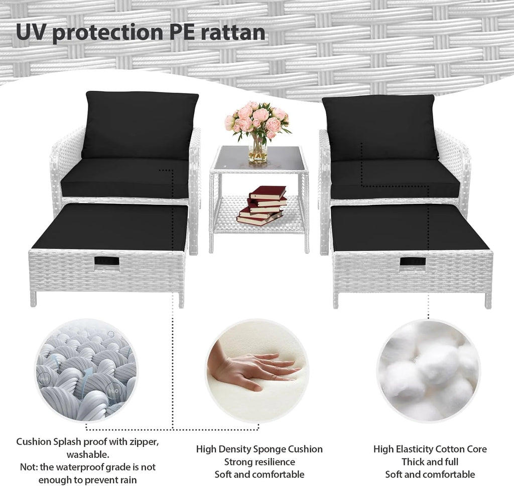 LEVELEVE Balcony Furniture 5 Piece Patio Conversation Set, PE Wicker Rattan Outdoor Lounge Chairs with Soft Cushions 2 Ottoman&Glass Table for Porch, Lawn-Brown Wicker