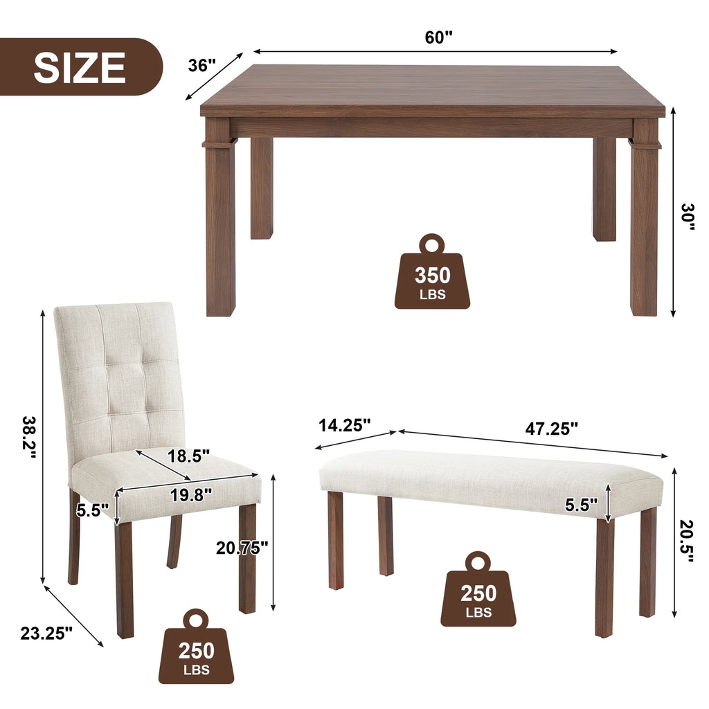 Euroco 6-Piece Wood Dining Table Set for 6, Modern Rectangular Kitchen Table with 4 Upholstered Chairs & Bench for Kitchen Dining Room,Walnut
