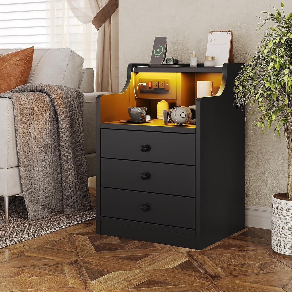 Nightstand with 3 Drawers and Shelves,Night Stand with LED Lights and USB Port Charging Station,LED Bedside Table with Hutch,Black