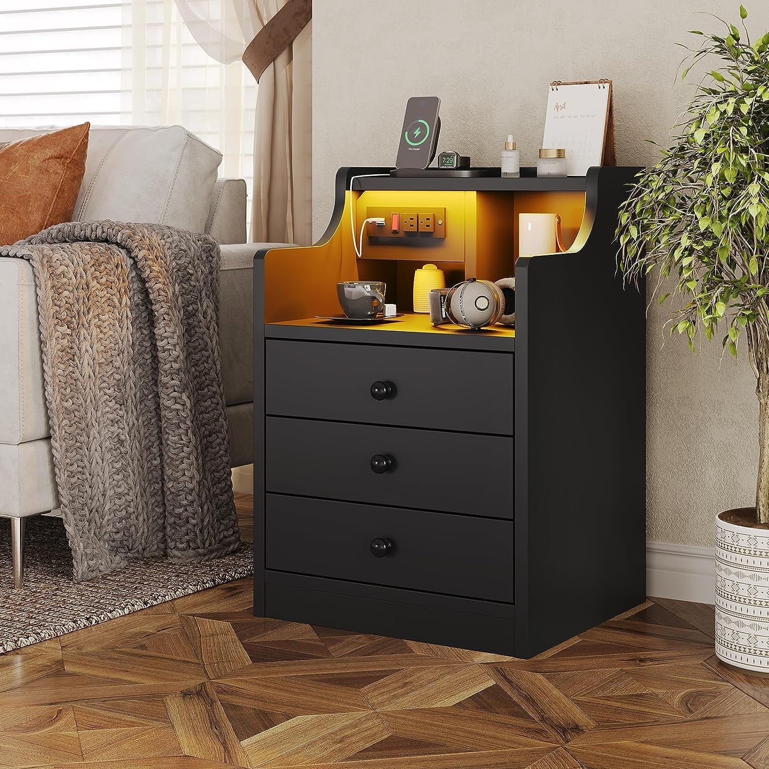 Nightstand with 3 Drawers and Shelves,Night Stand with LED Lights and USB Port Charging Station,LED Bedside Table with Hutch,Black
