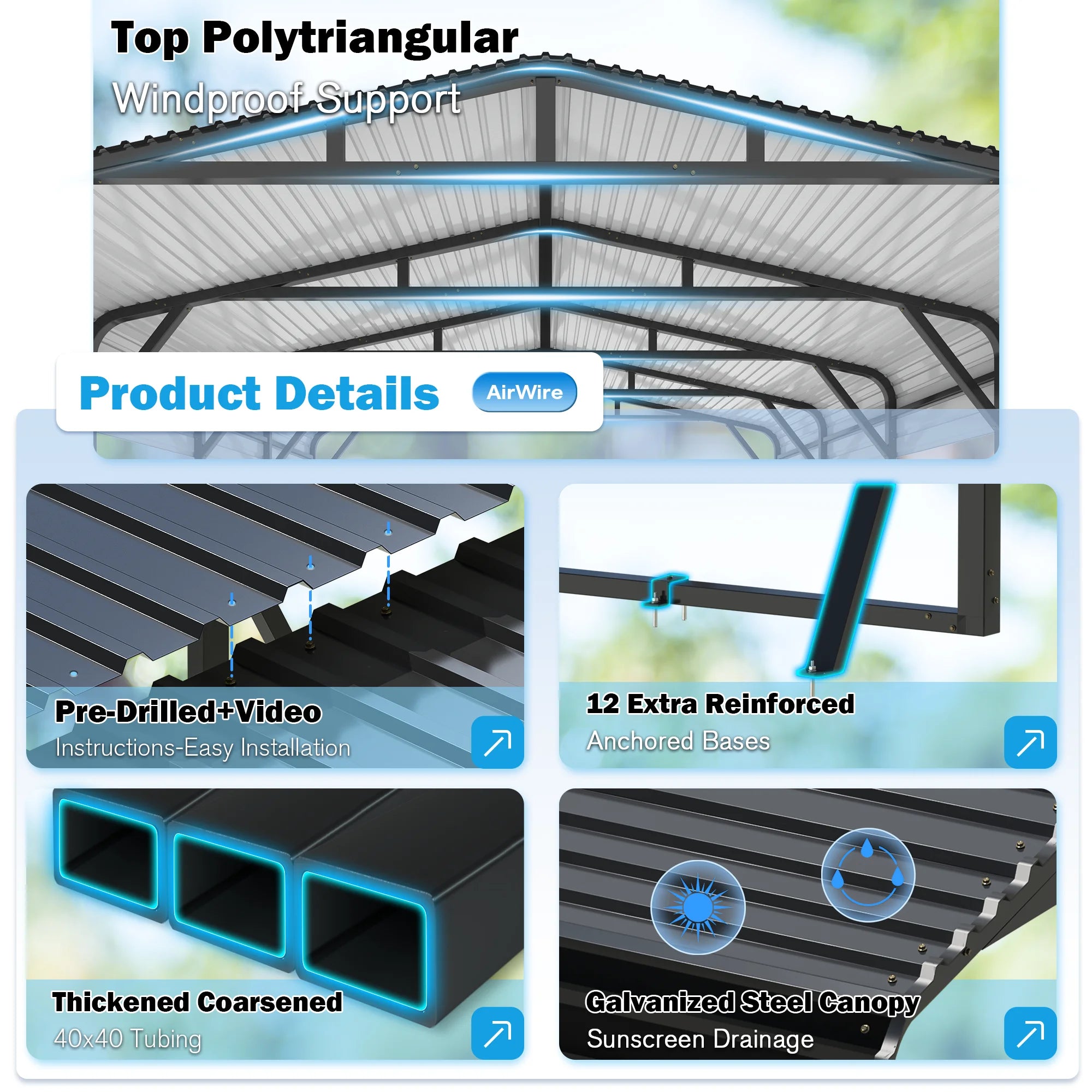 MUCHANT 12��X20�� Outdoor Heavy-Duty Carport Galvanized Steel Roof with Reinforced Stable Triangle Frame & Enhanced Base for Car, Pickup and Truck