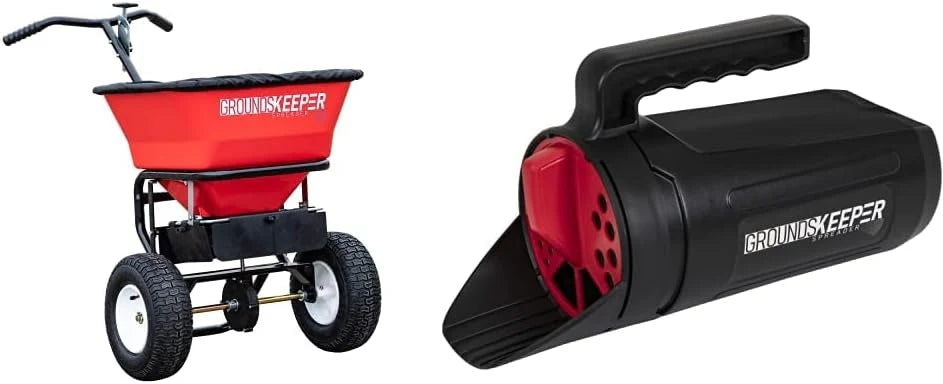 Multi-purpose push-along spreader, 100 lb capacity, versatile tool for lawn seed, salt, de-icer, fertilizer and seeds