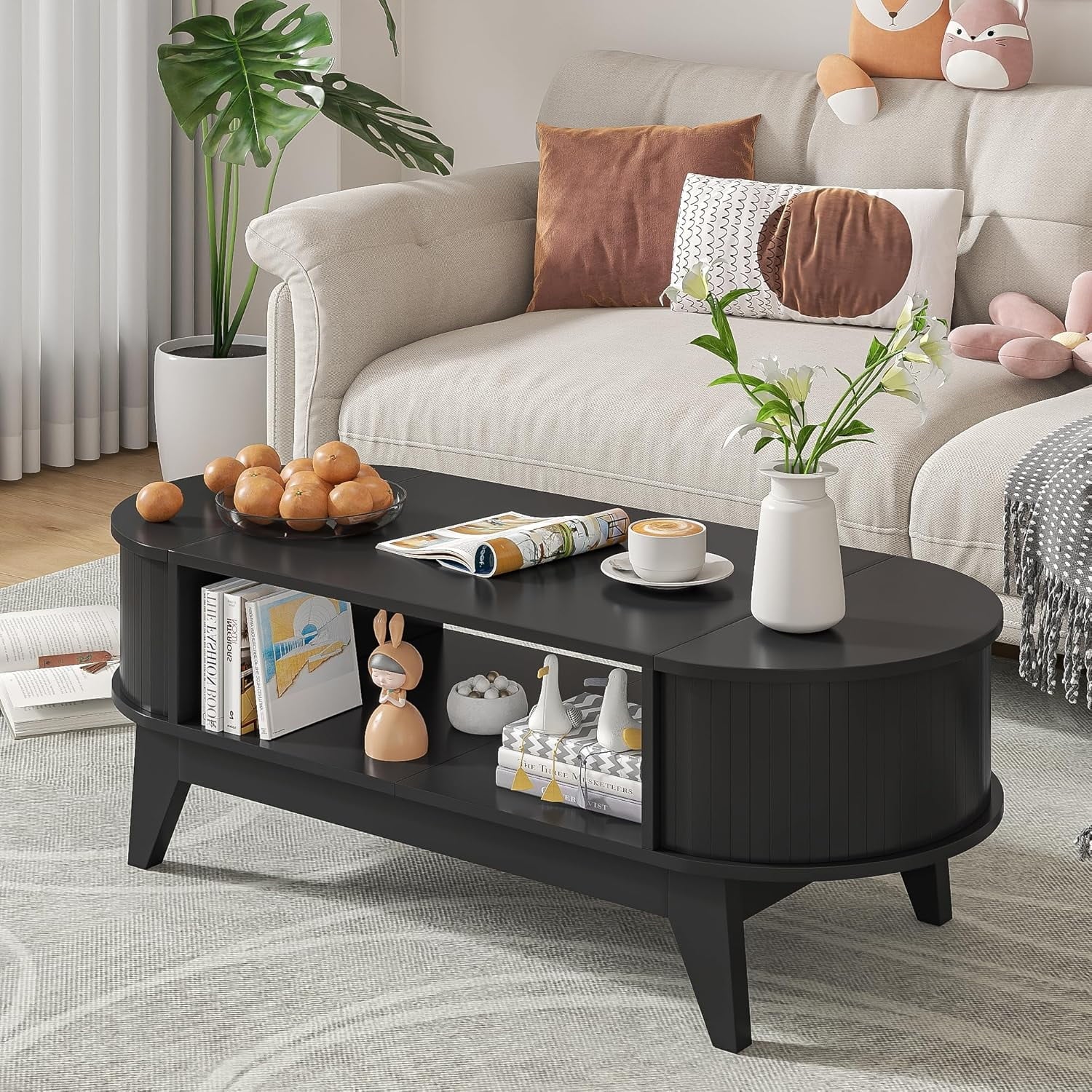 Fluted Coffee Table with Storage, Modern Coffee Tables, Wood Accent Center Table