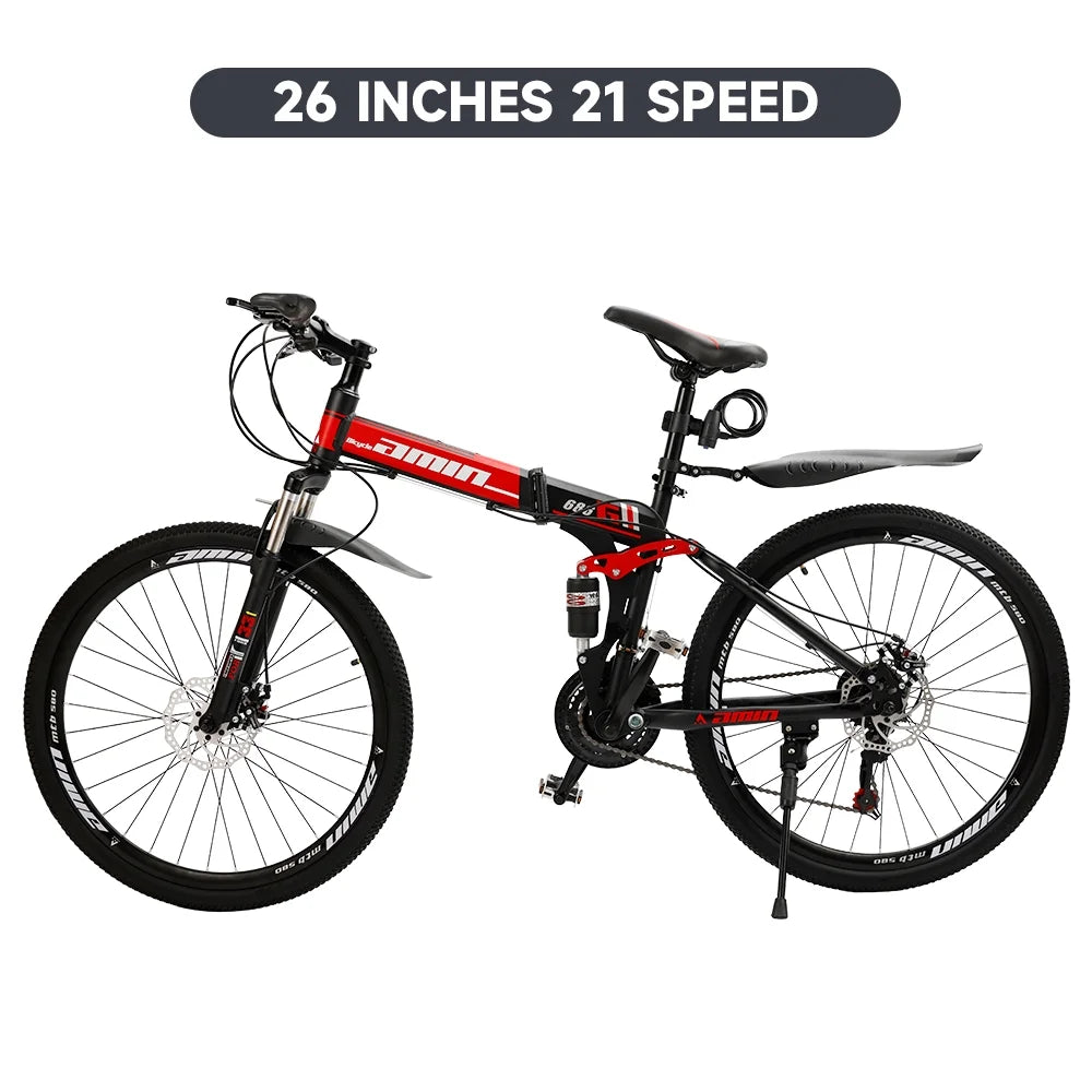 Artudatech Folding Mountain Bike 26 Inch Shimano 21 Speed Dual Disc Brake - Adult - Red