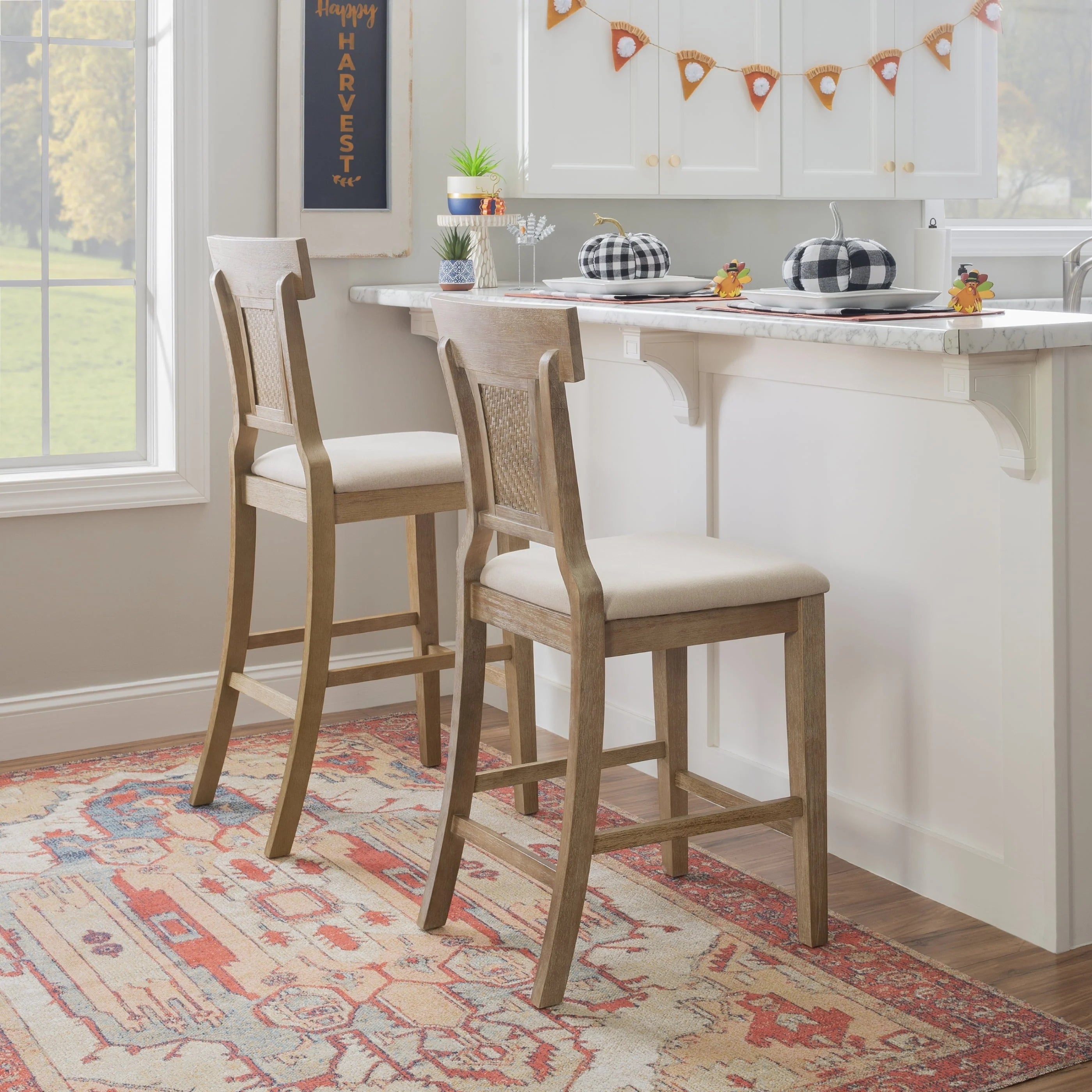 Linon Rylan 30" Bar Stool, Rustic Brown Finish with Beige Fabric