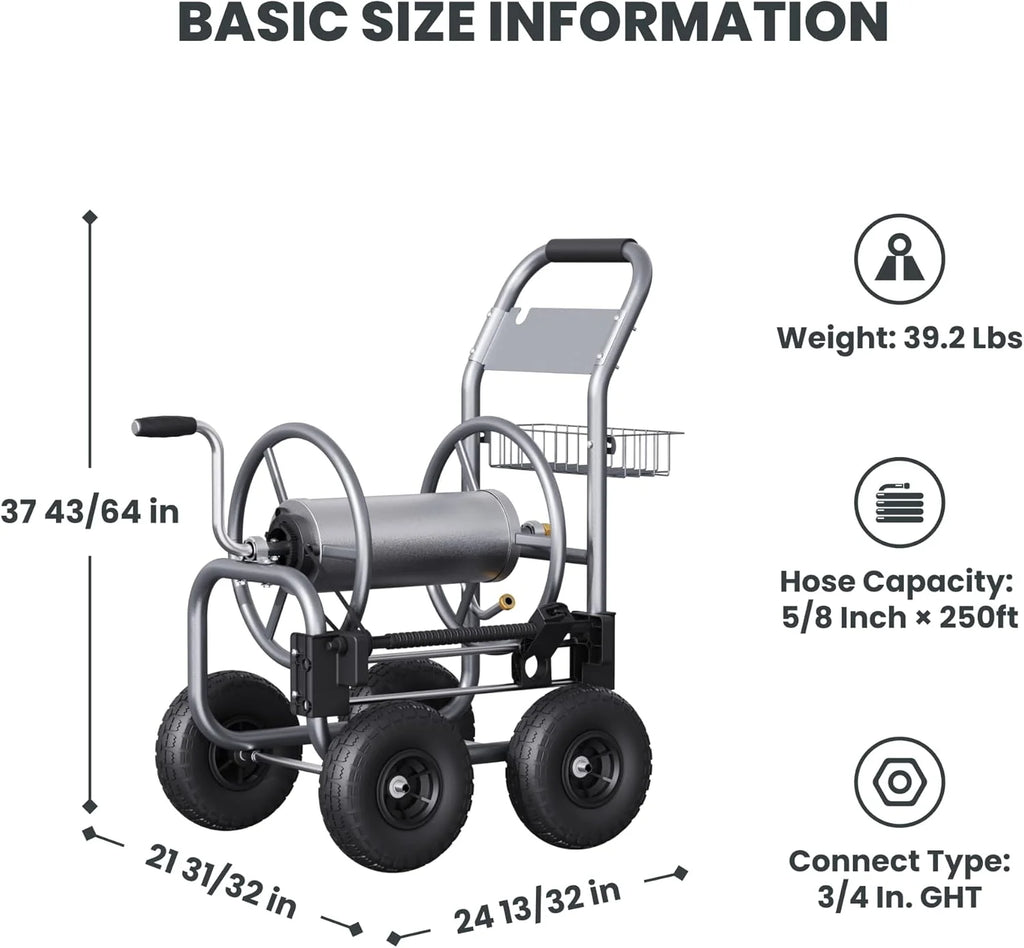 Giraffe Tools Heavy Duty Industrial Garden Hose Reel Cart with Wheels, 5/8in-250ft Hose Capacity