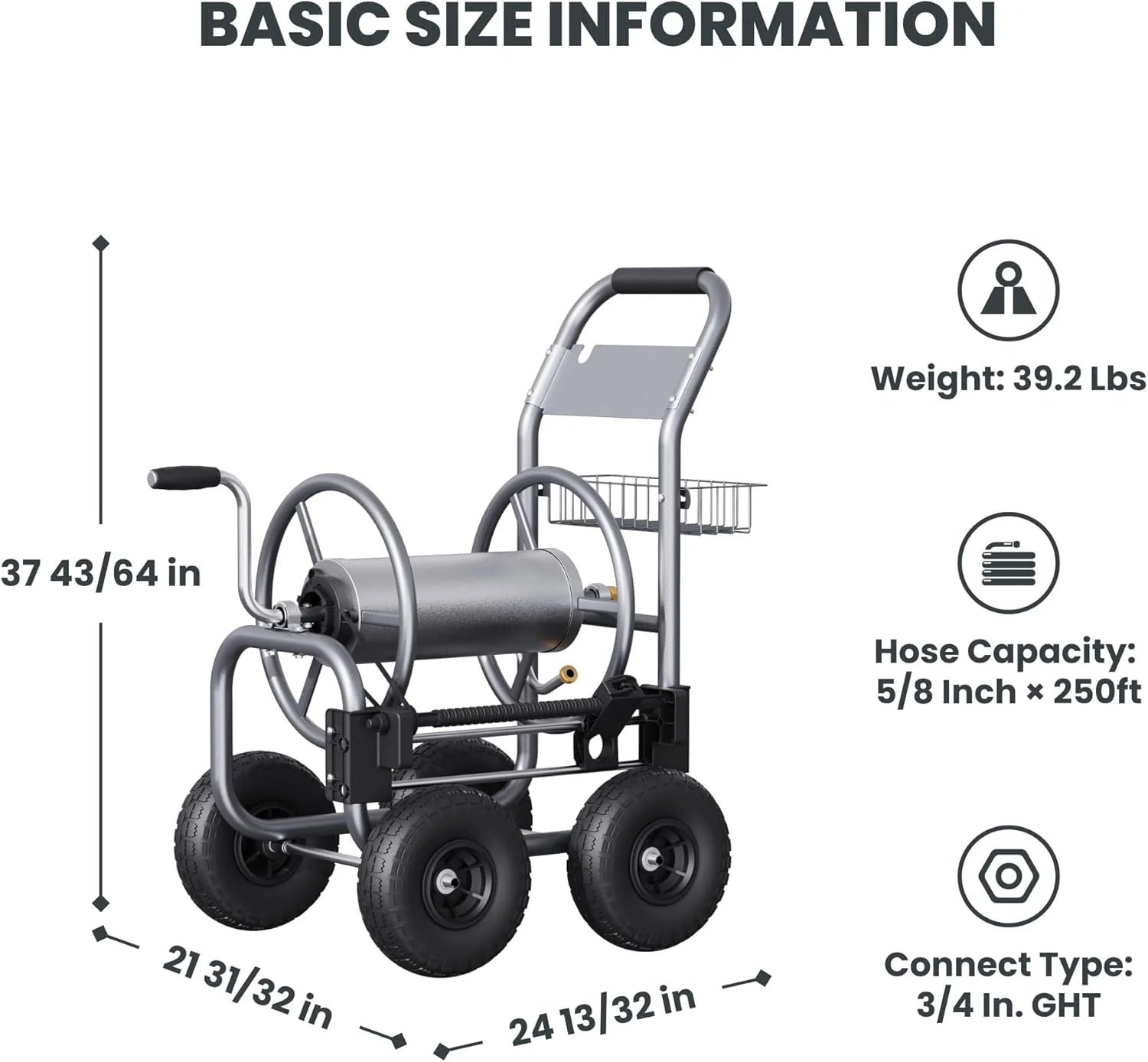 Giraffe Tools Heavy Duty Industrial Garden Hose Reel Cart with Wheels, 5/8in-250ft Hose Capacity