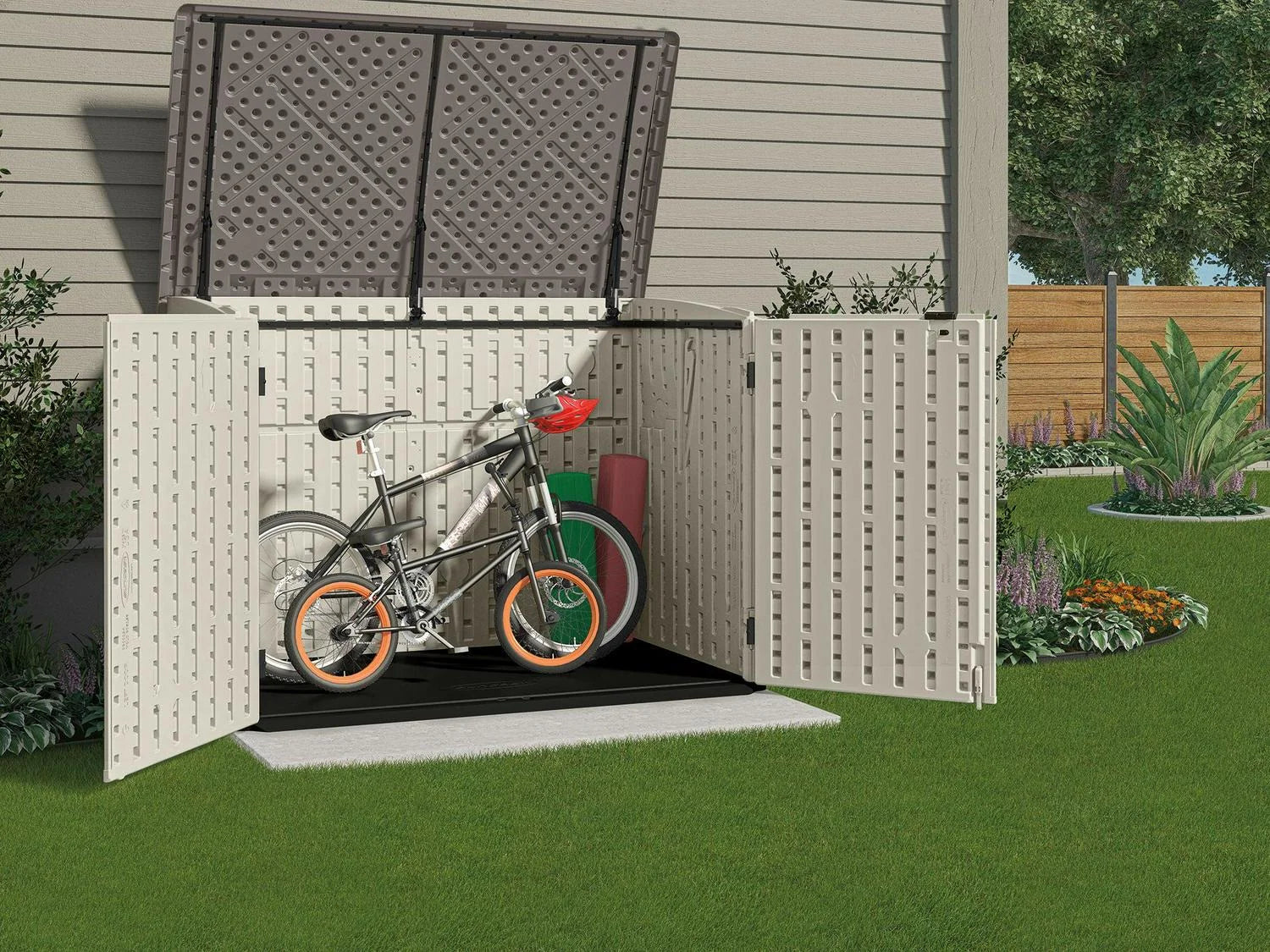 Suncast BMS4700 Resin Storage Shed, Off-White/Gray, 70.5���W x 44.25���D x 52���H, Double Door, UV Resistant