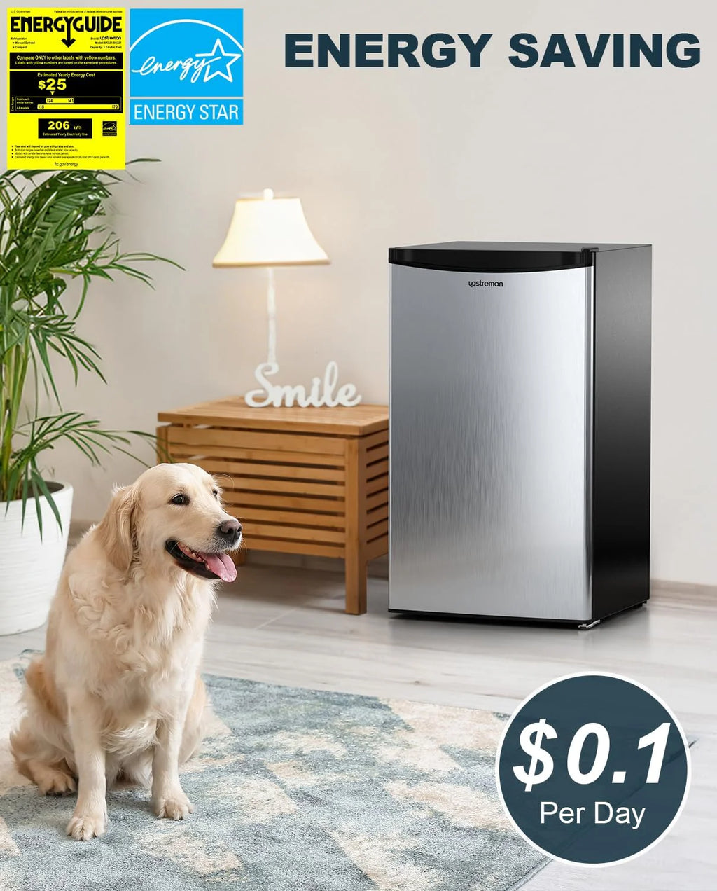 Upstreman 3.2 Cu.Ft Mini Fridge with Freezer, Single Door Mini Fridge, Dorm Fridge, Adjustable Thermostat, Mini Refrigerator for Bedroom, Office, Dorm, Black-BR321