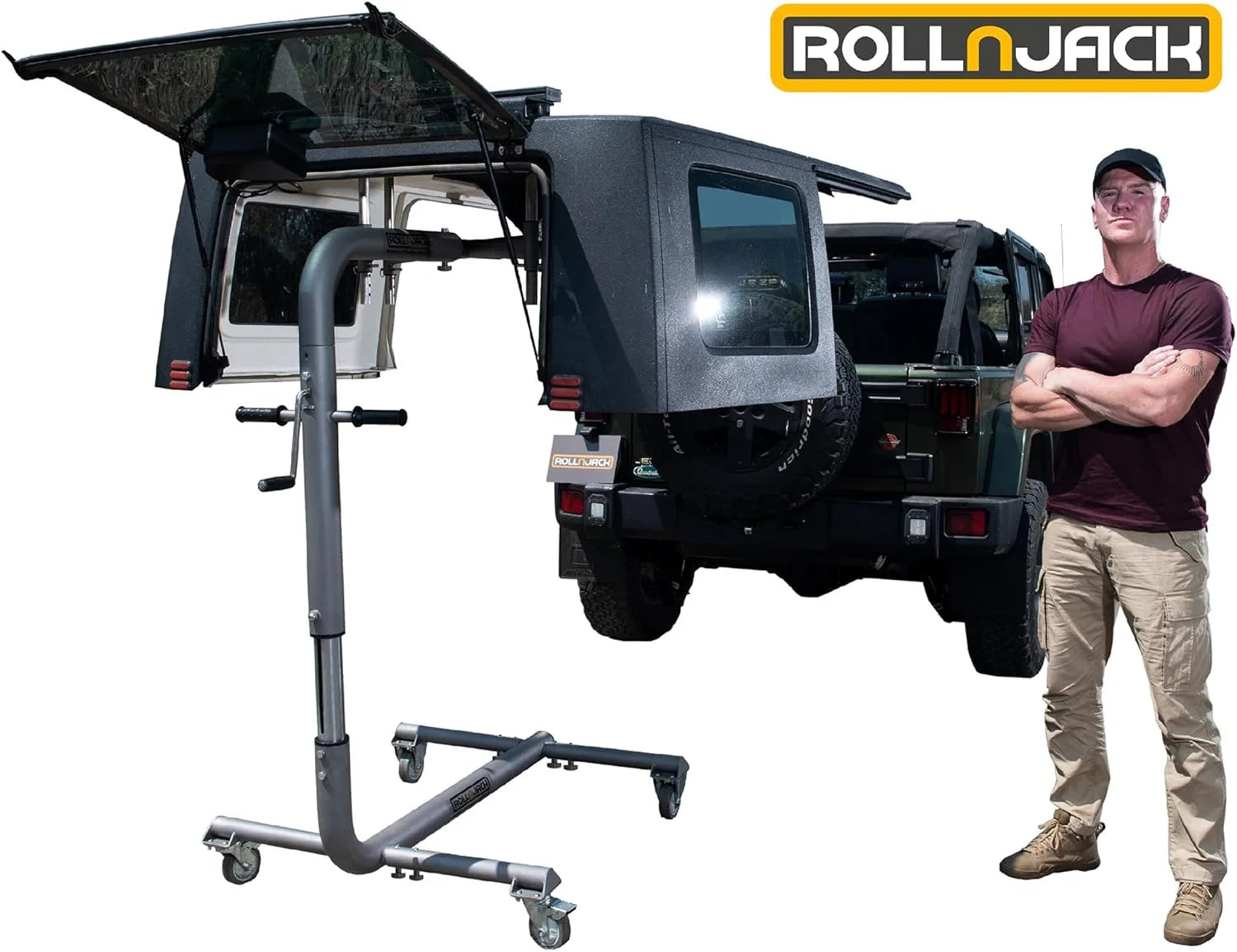 Hardtop removal jack for Jeep Wrangler, one-person system