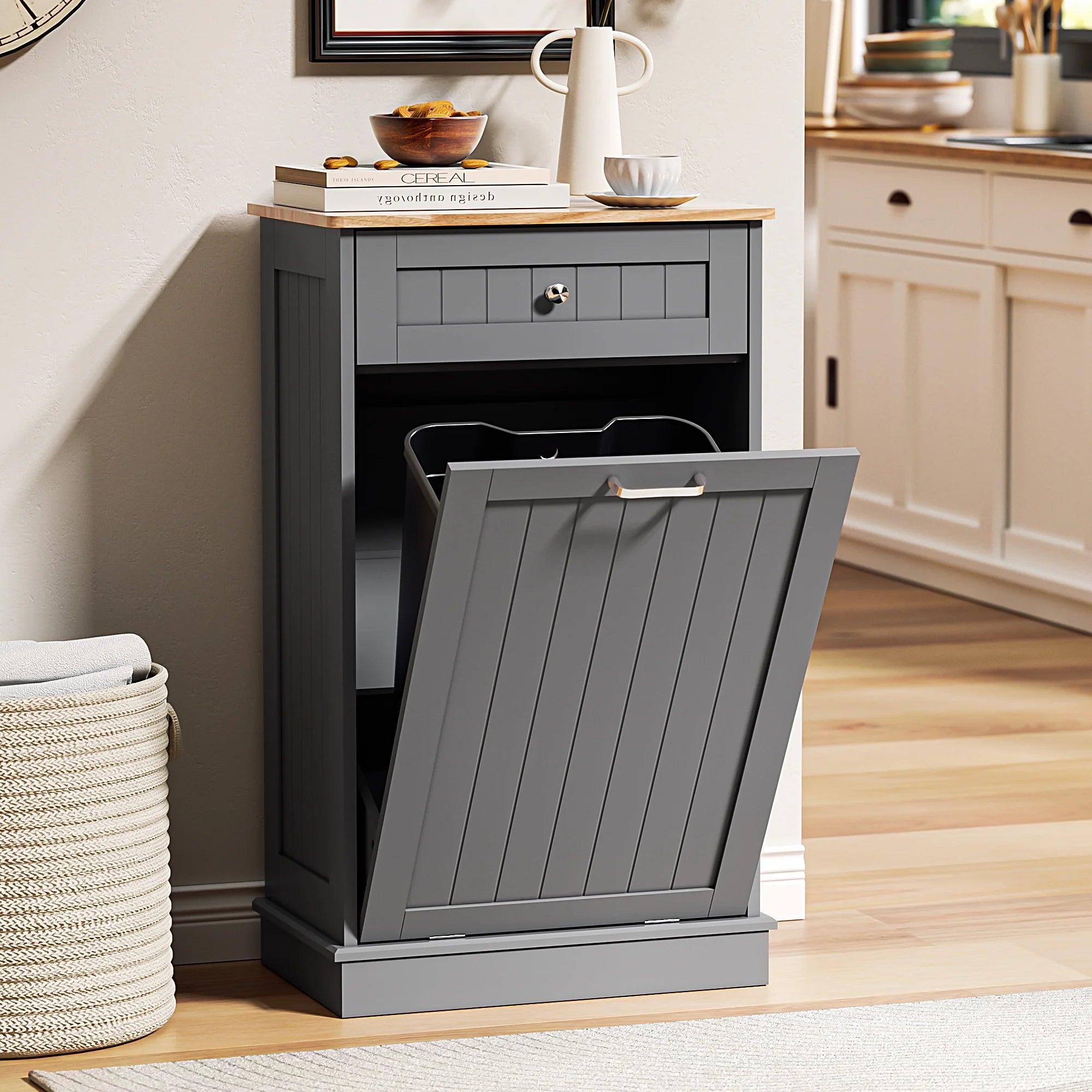 HARIPUL Single Tilt Out Trash Cabinet for 13 Gallon Waste Bin, Free Standing Kitchen Trash Can Cabinet with Drawers, White