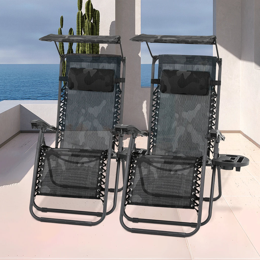 MoNiBloom Zero Gravity Chairs Set of 2, Folding Outdoor Patio Beach Recliner with Canopy Shade & Headrest, Black