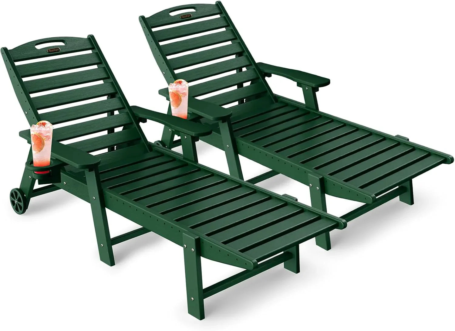 Lounge Chair Outdoor, Chaise Lounge, HDPE 6-Position Outdoor Chaise Lounge, Patio Lounge Chair with Wheels & Cup Holder for Pool Poolside Deck Backyard, Teak