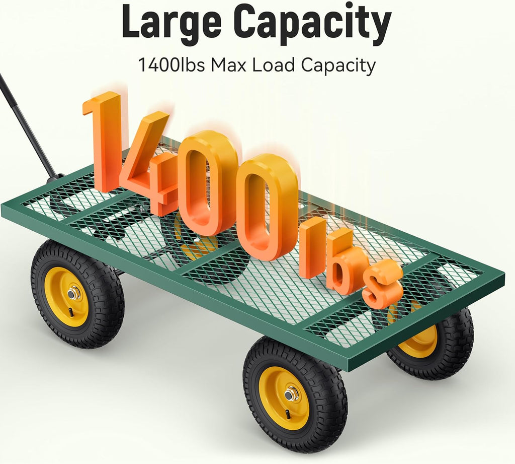 Steel Garden Cart, 2-in-1 1400 lbs Heavy Duty Utility Wagon, with Removable Mesh Sides to Convert into Flatbed, 240�� U-Turn 13" Pneumatic Tires Garden Wagon for Farm Yard Lawn Garden Camping
