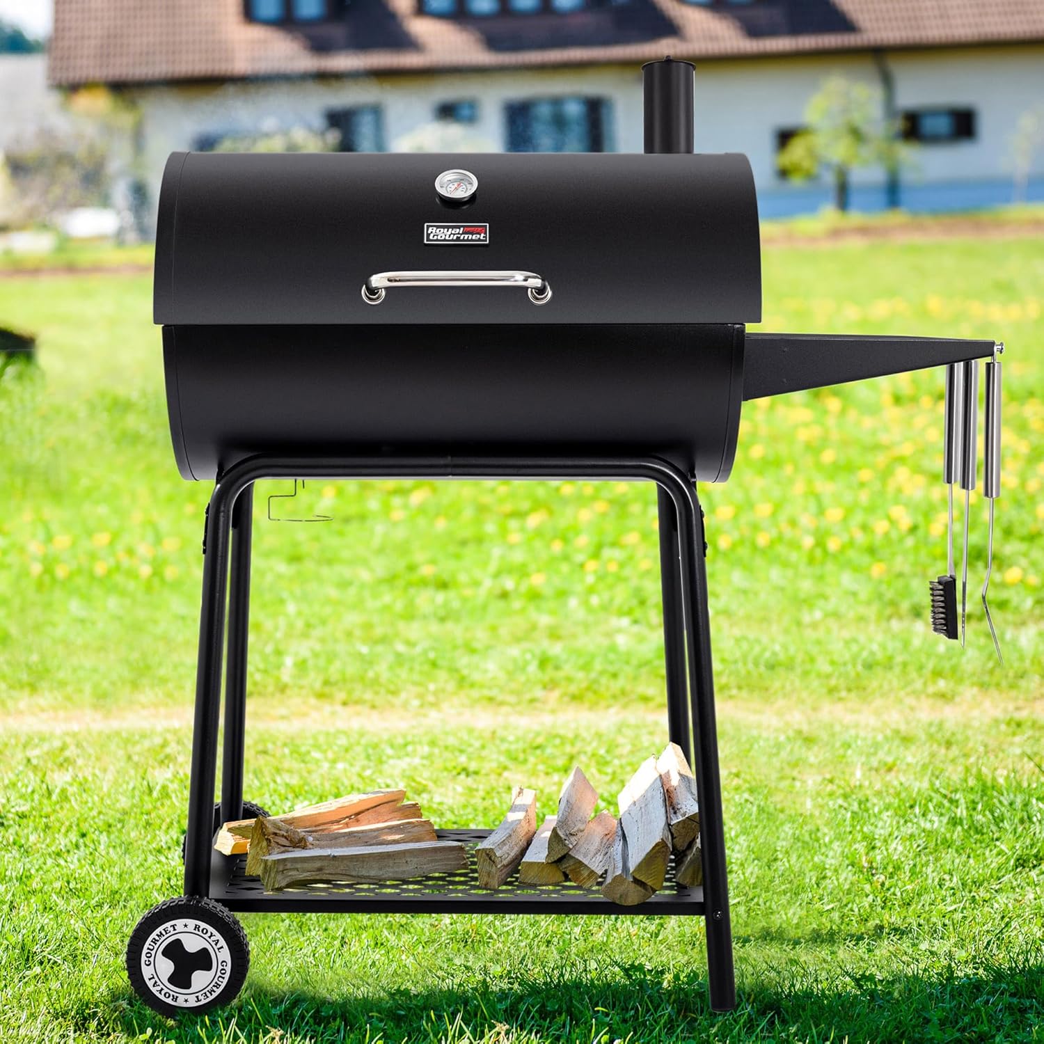 Royal Gourmet CC1830 30 Inch Barrel Charcoal Grill with Side Table Outdoor BBQ Grill  for Backyard