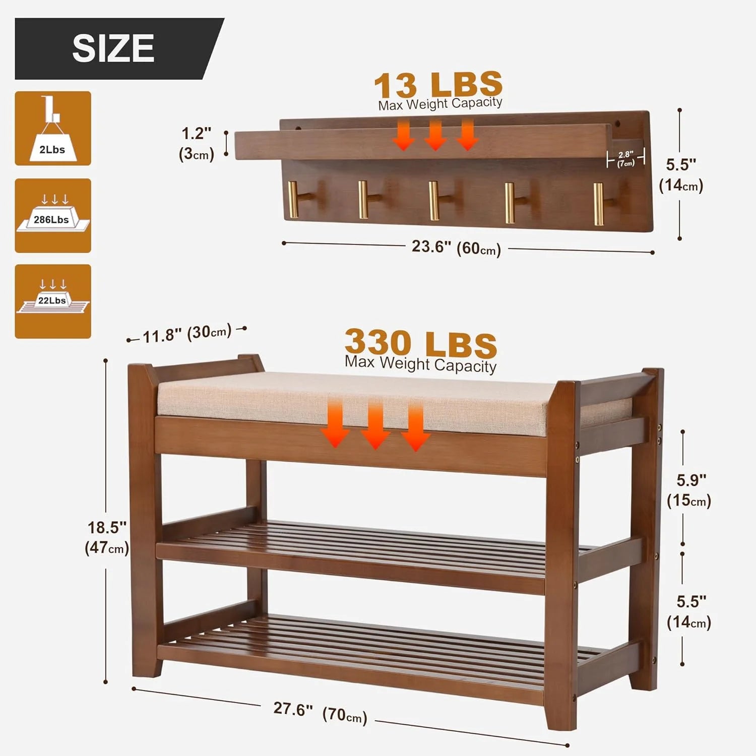 Shoe Rack for Front Door Entrance, 28?? Entryway Bench with Coat Rack, Hall Tree Shoe Bench with Storage for Entry, Hallway, Bedroom, Living Room