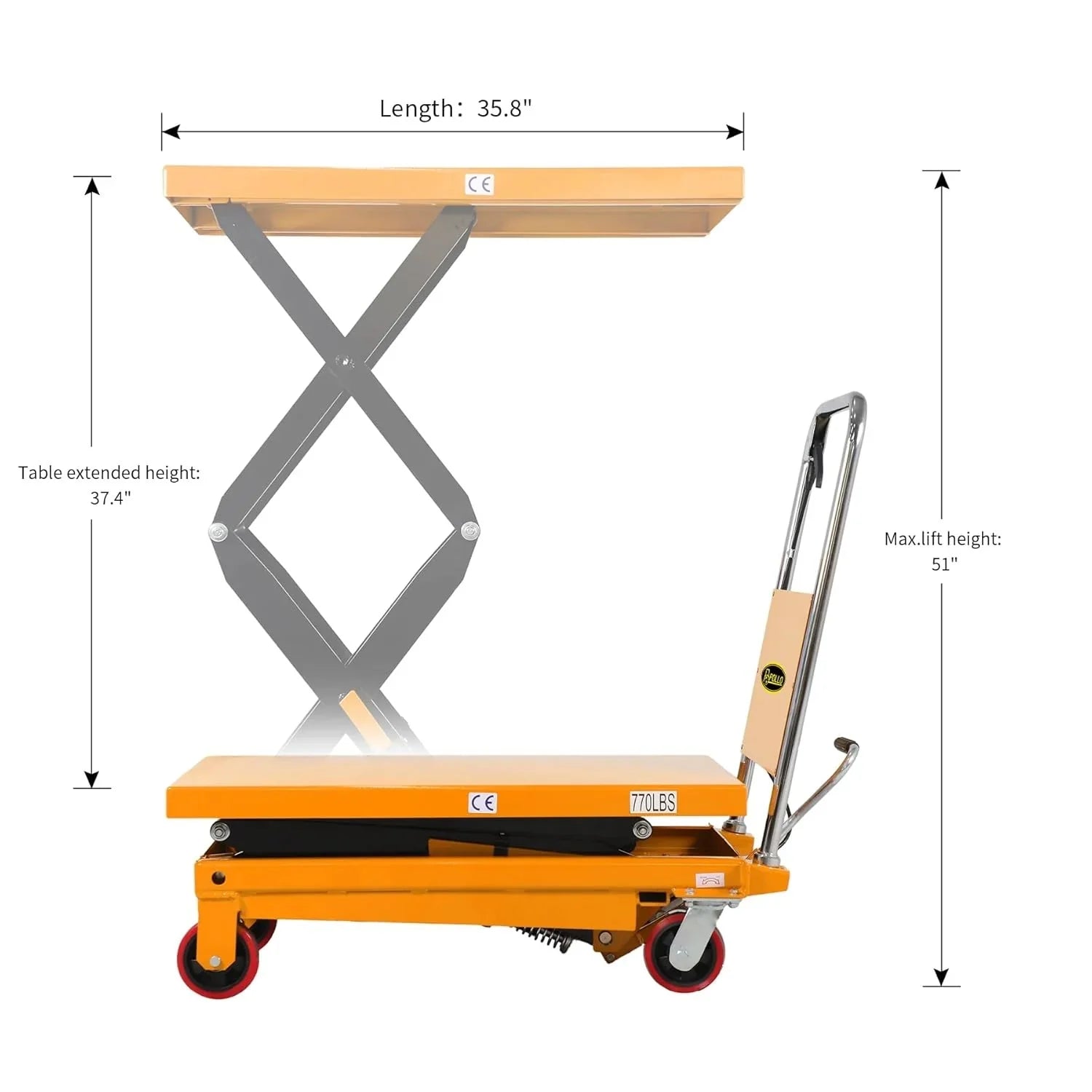 Hydraulic lifting table trolley �C load capacity 350 kg, maximum height 130 cm, double scissor lift table with safety device and 4 wheels