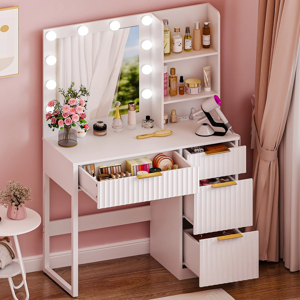 Ktaxon Vanity Set with 3 Color Lighted Mirror, Makeup Table with 3 Storage Shelves & Drawers, Dressing Table Makeup Desk with Stool,White