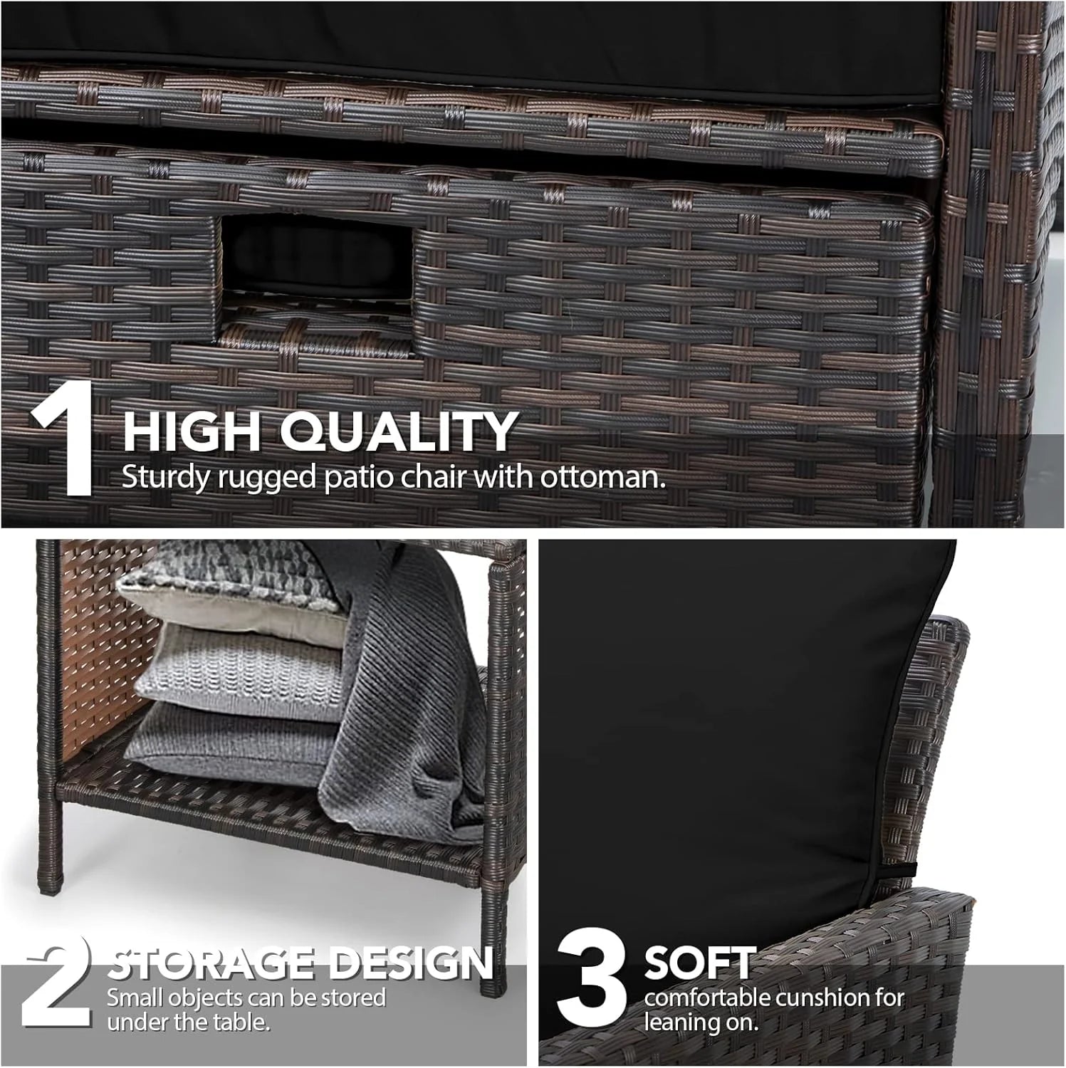 LEVELEVE Balcony Furniture 5 Piece Patio Conversation Set, PE Wicker Rattan Outdoor Lounge Chairs with Soft Cushions 2 Ottoman&Glass Table for Porch, Lawn-Brown Wicker