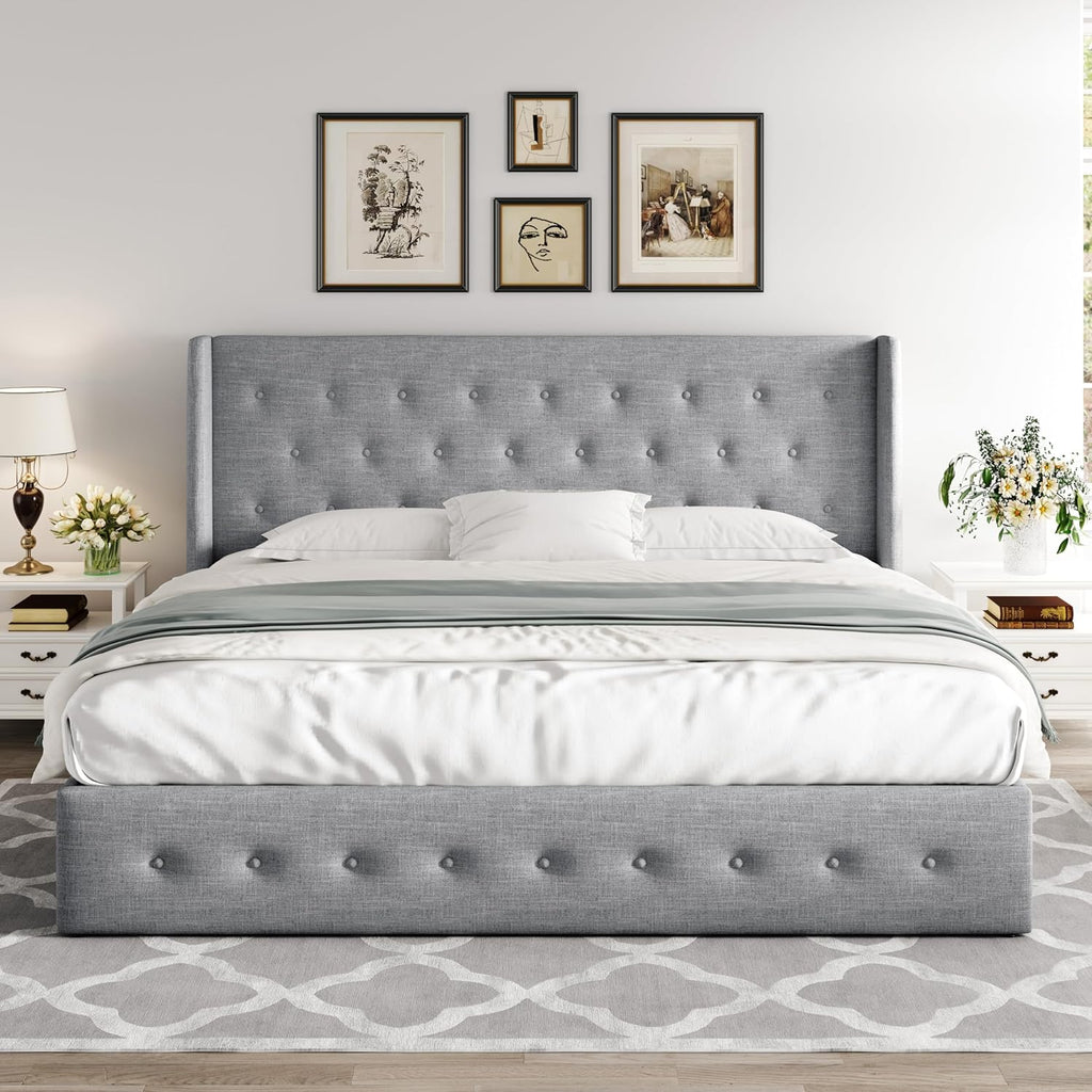 Allewie Queen Size Lift Up Storage Bed, Modern Wingback Headboard, Hydraulic Support, No Box Spring Needed, Light Beige