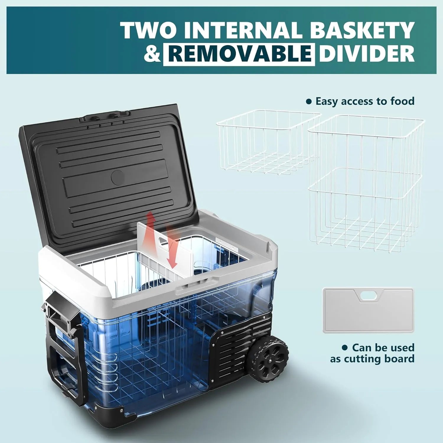 12 Volt Refrigerator, 53QT(50L) Electric Cooler, Portable Freezer 12V/24V DC 110-240V AC, 12V Fridge -4?H~68?H, 12V Cooler with Wheels & 2 Baskets for Travel, Truck, Boat, Camping