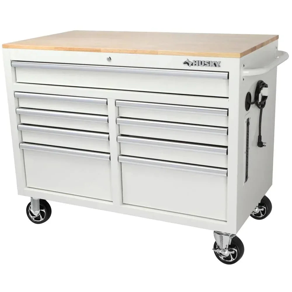 Mobile workbench with 9 drawers, hardwood top and power connection, 117 cm W x 62 cm D �C high-gloss black