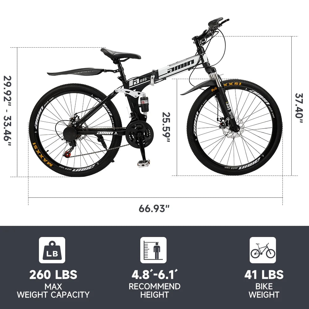 Artudatech Folding Mountain Bike 26 Inch Shimano 21 Speed Dual Disc Brake - Adult - Red