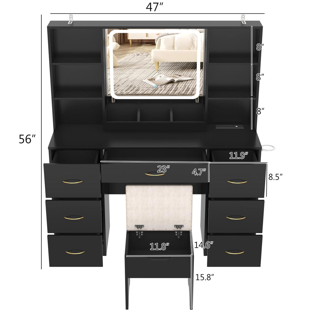 47" Large Vanity Desk with Lighted Mirror & Charging Station, Black Makeup Vanity with 7 Drawers & 6 Shelves, Vanity Set with Cushioned Stool