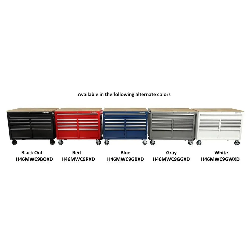 Mobile workbench with 9 drawers, hardwood top and power connection, 117 cm W x 62 cm D �C high-gloss black