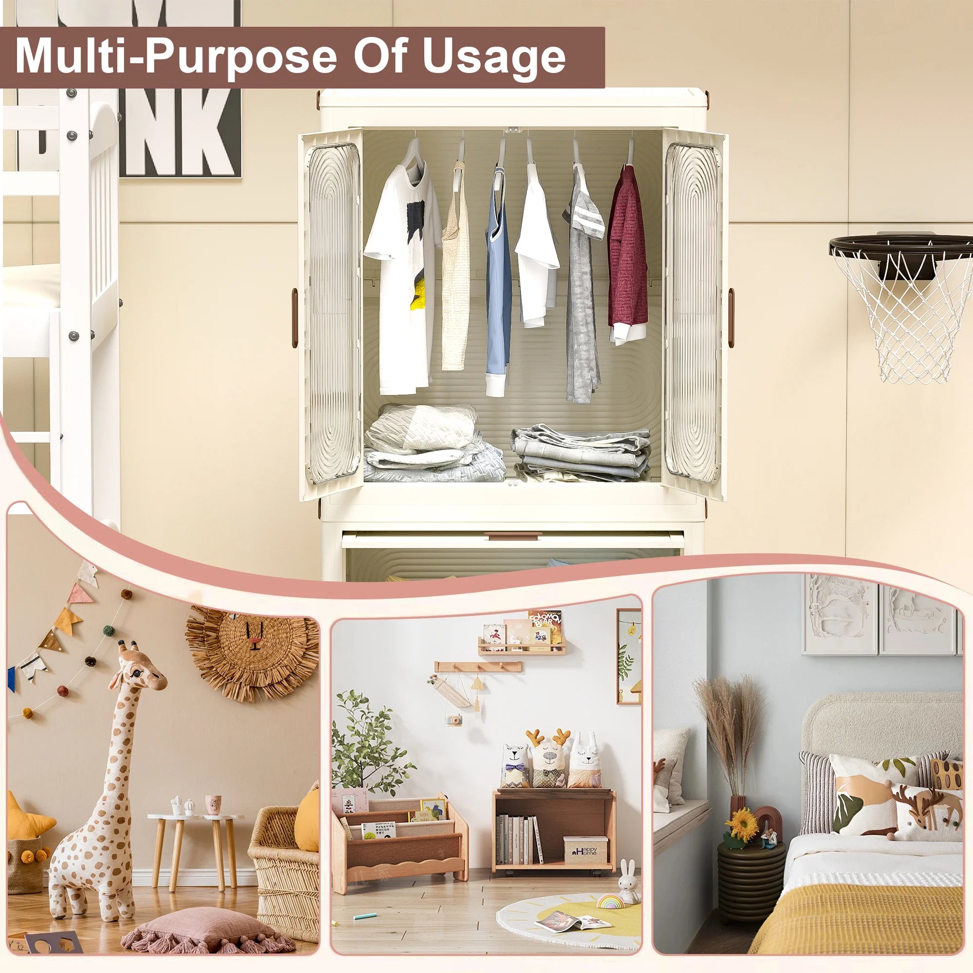 Montary Kids Portable Wardrobe w/ Magnetic Doors & Hanging Rod - 4-Cube Plastic Storage Cabinet,Nursery/Bedroom