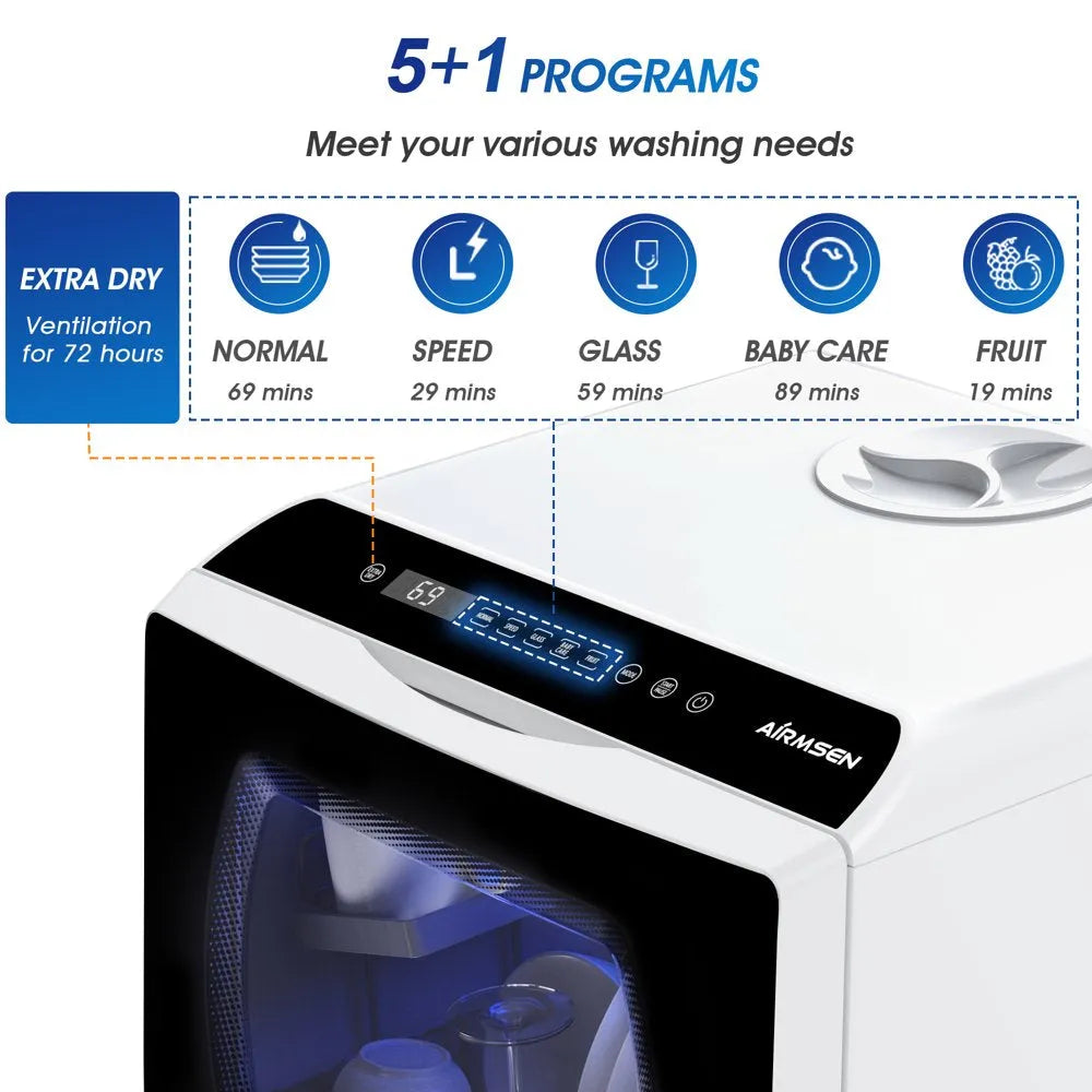 Portable Countertop Dishwasher with 5-Liter Built-In Water Tank and Air-Dry Function, 5 Washing Programs