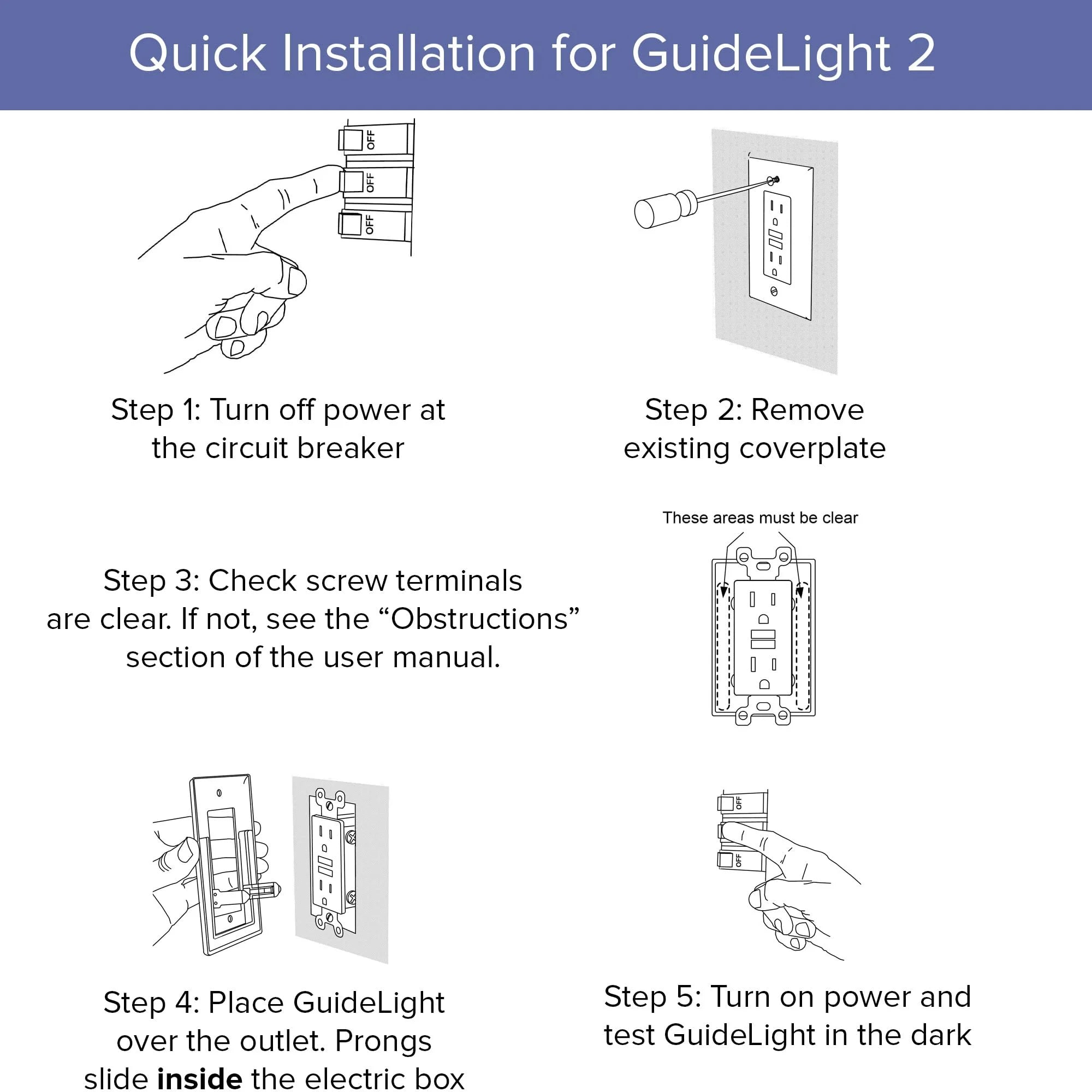 6 Pack - SnapPower GuideLight 2 [For Duplex Outlets] - Replaces Plug-In Night Light - Electrical Receptacle Wall Plate With LED Night Lights - Auto On/Off Sensor - (Duplex, White)