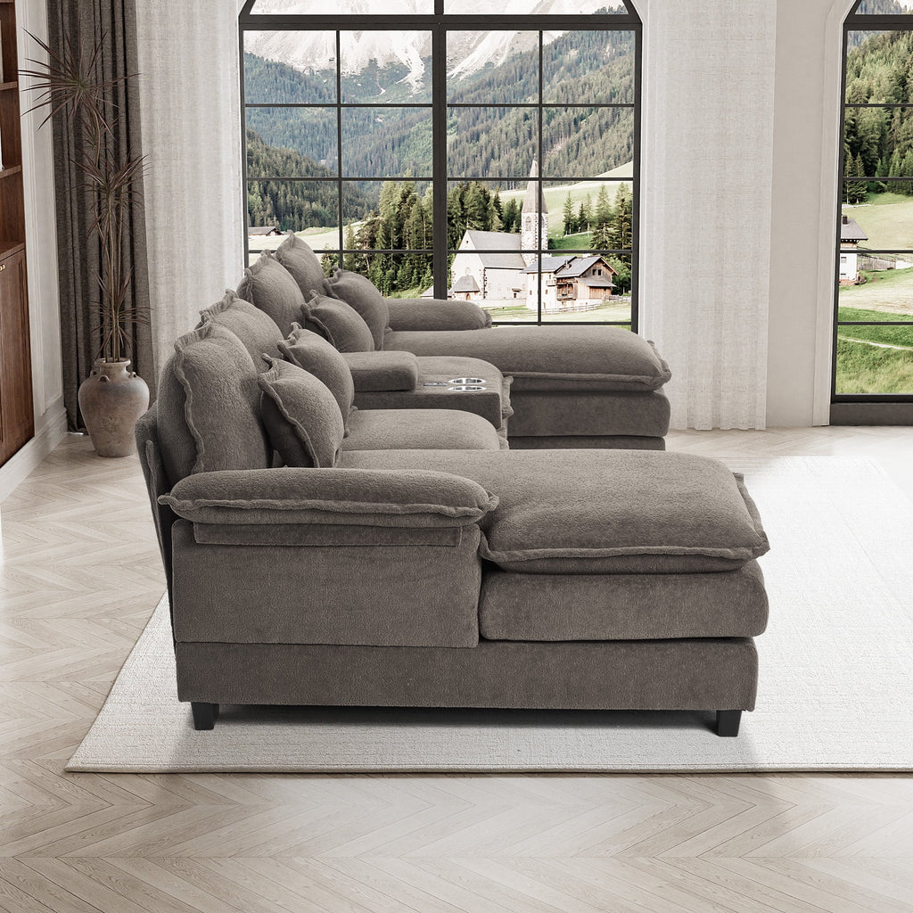 Wiilayok U Shaped Cloud Couch Modular Sectional Sofa 124" Extra Deep Fluffy Chenille Double Chaise Lounge, Central Console w/ Dual USB-C & A Ports, Storm Gray
