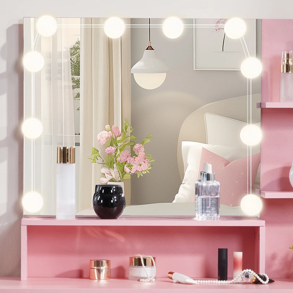 Ktaxon Vanity Set with 3 Color Lighted Mirror, Makeup Table with 3 Storage Shelves & Drawers, Dressing Table Makeup Desk with Stool,White