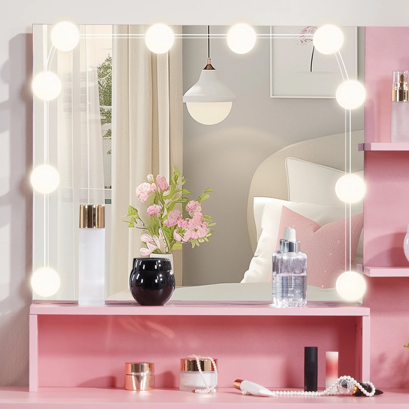 Ktaxon Vanity Set with 3 Color Lighted Mirror, Makeup Table with 3 Storage Shelves & Drawers, Dressing Table Makeup Desk with Stool,White