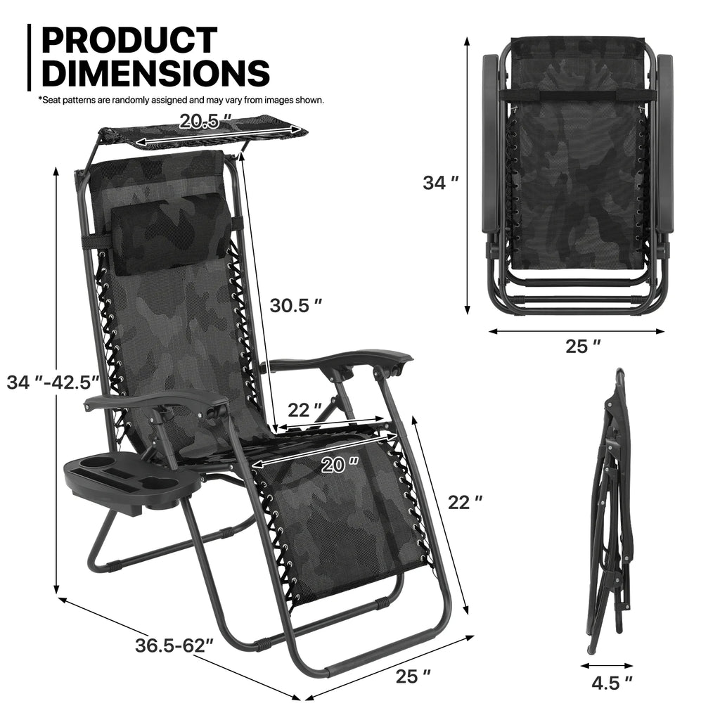 MoNiBloom Zero Gravity Chairs Set of 2, Folding Outdoor Patio Beach Recliner with Canopy Shade & Headrest, Black