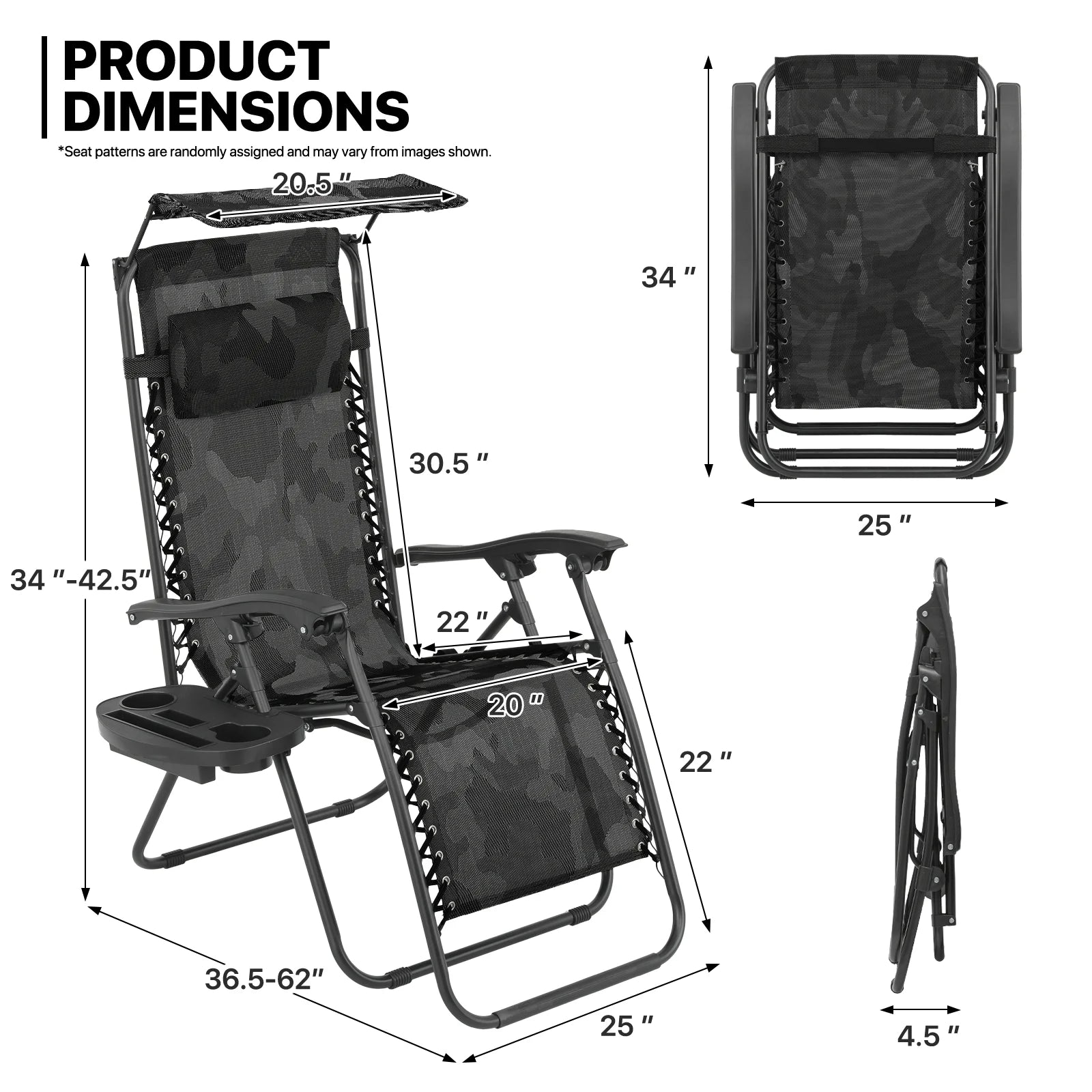 MoNiBloom Zero Gravity Chairs Set of 2, Folding Outdoor Patio Beach Recliner with Canopy Shade & Headrest, Black