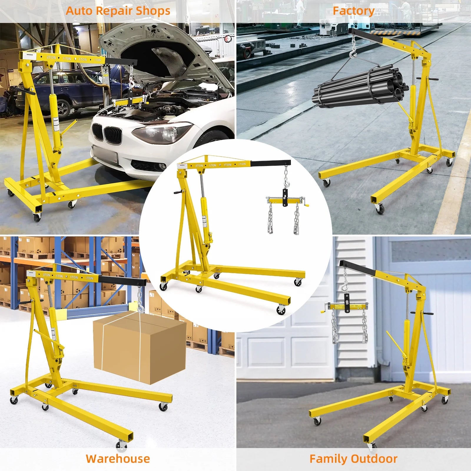 JoanKaren Hydraulic Engine Hoist,4400lbs Max Weight,Folding Engine Lift Shop Crane with Lever and 6 Steel Caster Wheels,Yellow