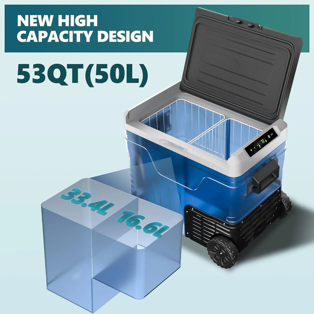 12 Volt Refrigerator, 53QT(50L) Electric Cooler, Portable Freezer 12V/24V DC 110-240V AC, 12V Fridge -4?H~68?H, 12V Cooler with Wheels & 2 Baskets for Travel, Truck, Boat, Camping
