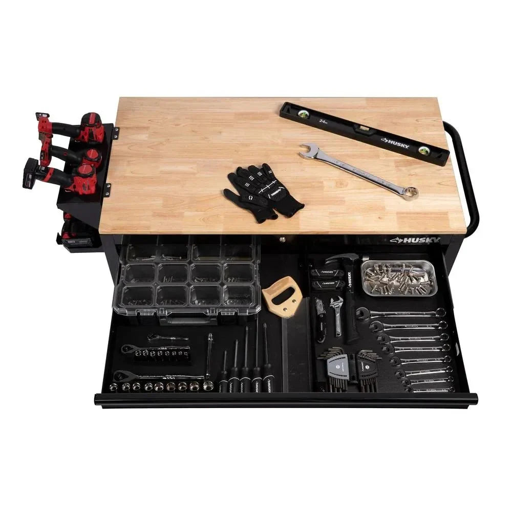 Mobile workbench with 9 drawers, hardwood top and power connection, 117 cm W x 62 cm D �C high-gloss black