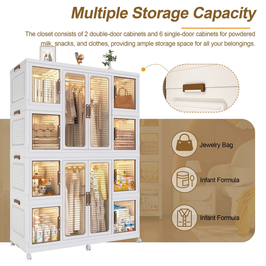 Montary Kids Portable Wardrobe w/ Magnetic Doors & Hanging Rod - 4-Cube Plastic Storage Cabinet,Nursery/Bedroom