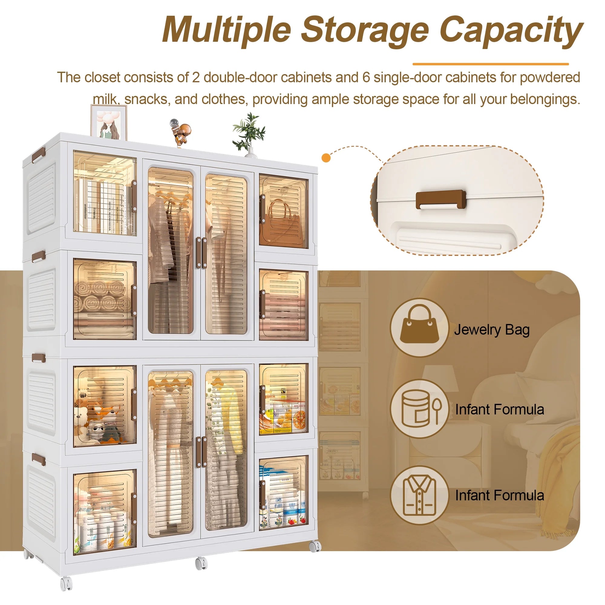 Montary Kids Portable Wardrobe w/ Magnetic Doors & Hanging Rod - 4-Cube Plastic Storage Cabinet,Nursery/Bedroom