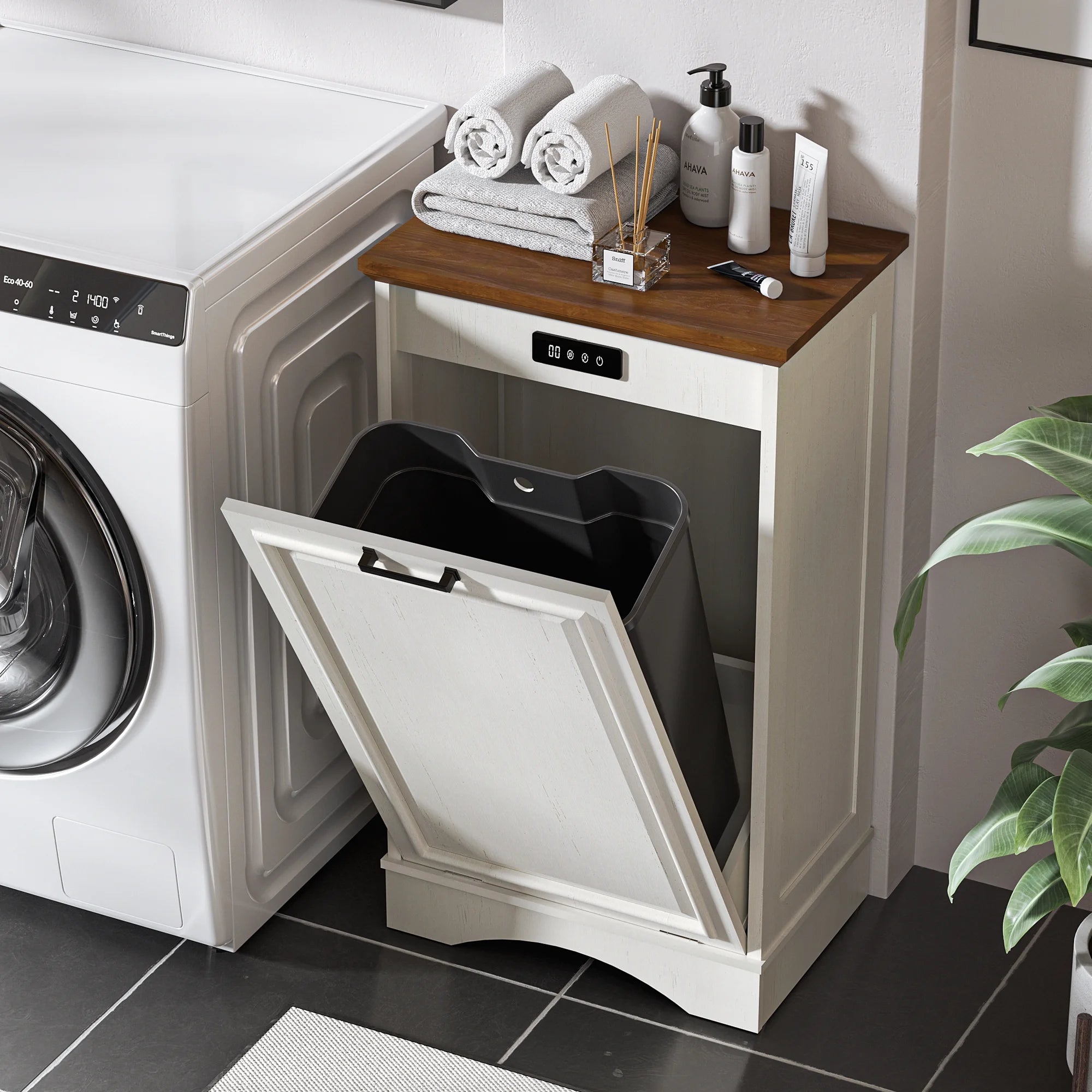 HARIPUL Single Tilt Out Trash Cabinet for 13 Gallon Waste Bin, Free Standing Kitchen Trash Can Cabinet with Drawers, White