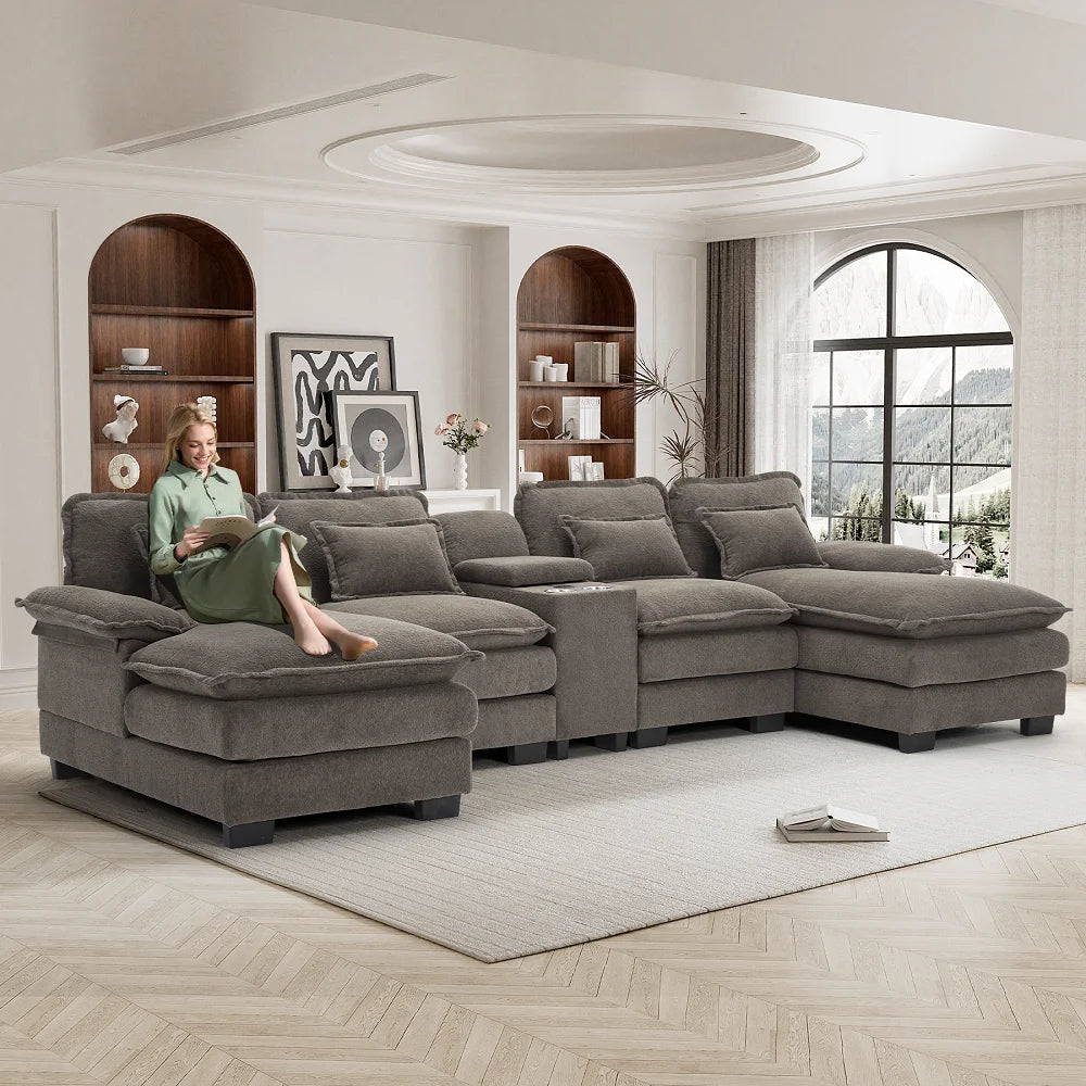 Wiilayok U Shaped Cloud Couch Modular Sectional Sofa 124" Extra Deep Fluffy Chenille Double Chaise Lounge, Central Console w/ Dual USB-C & A Ports, Storm Gray