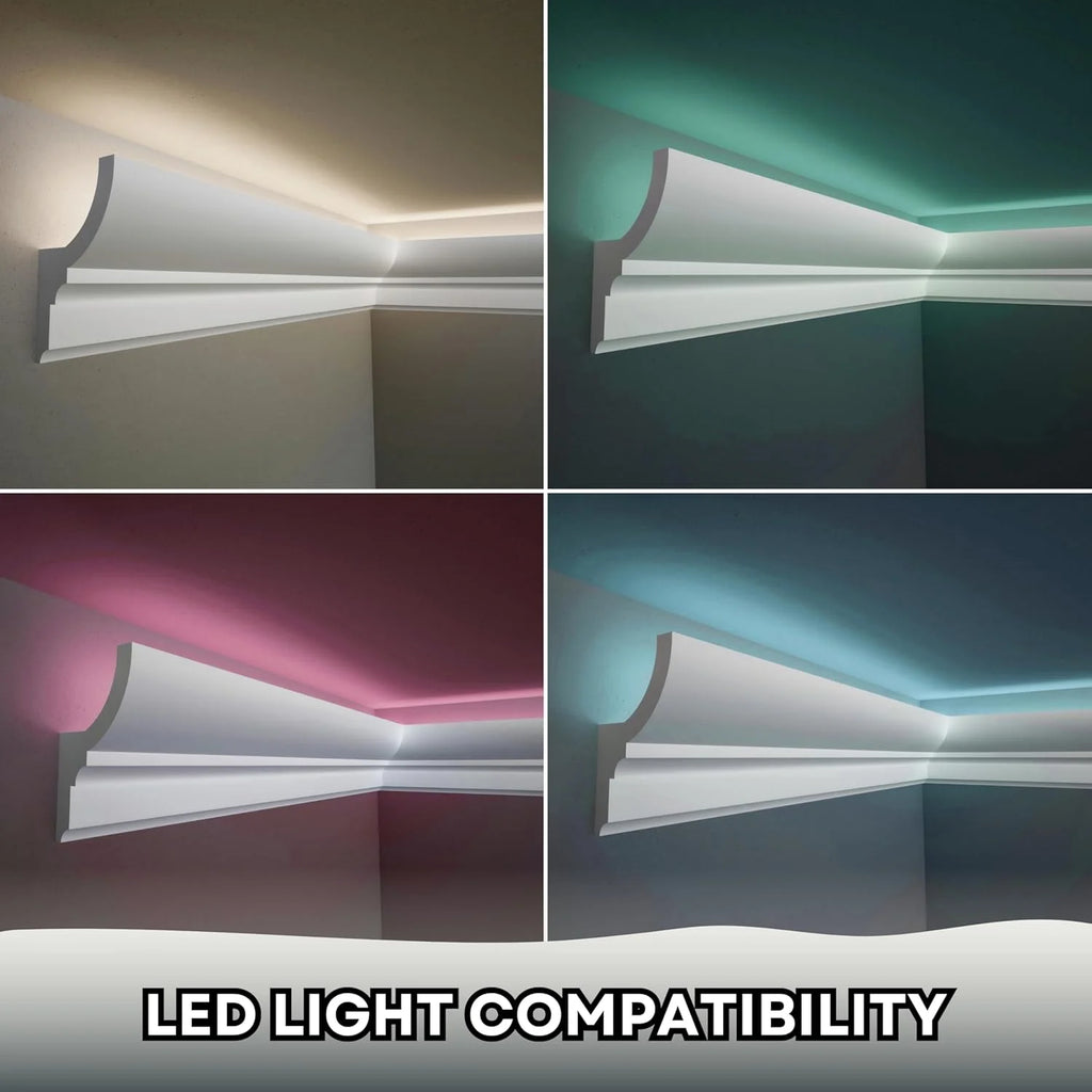 7-Piece 94.5?? (55.12 ft) Crown Molding with Duct Kit for Seamless Ambient Home Accent Lighting | Waterproof Channel for Easy LED Strip Installation (CROWN MOLDING WITH LED DUCT)