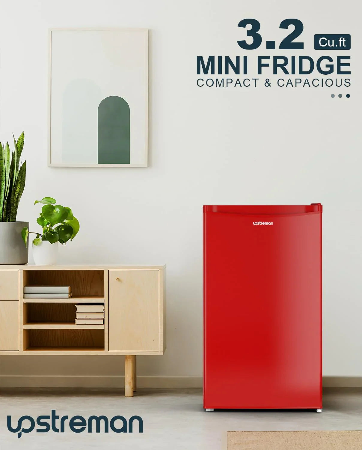 Upstreman 3.2 Cu.Ft Mini Fridge Freezer Single Door Fridge Dorm Fridge Adjustable Thermostat